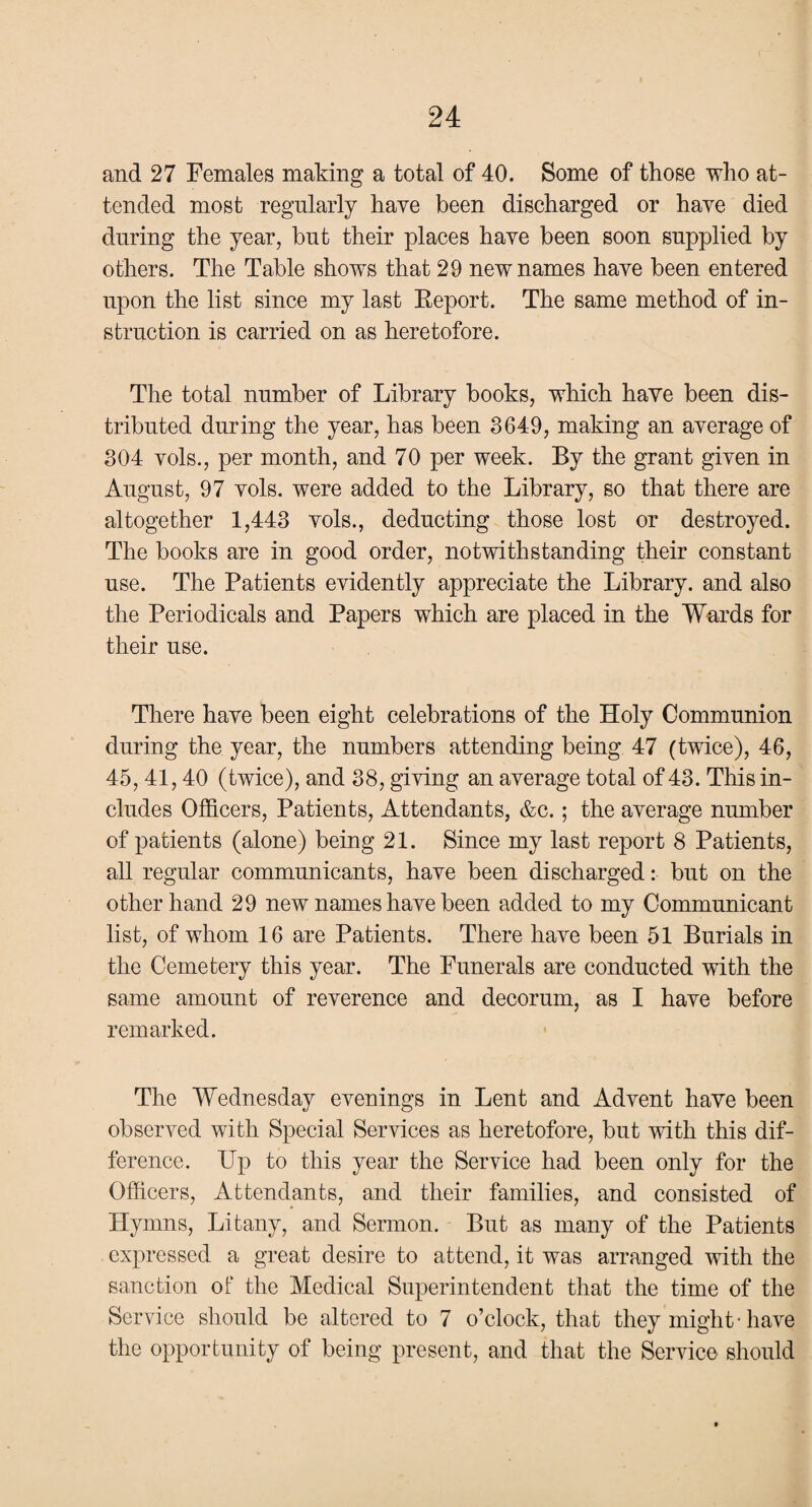 and 27 Females making a total of 40. Some of those who at¬ tended most regularly have been discharged or have died during the year, but their places have been soon supplied by others. The Table shows that 29 new names have been entered upon the list since my last Report. The same method of in¬ struction is carried on as heretofore. The total number of Library books, which have been dis¬ tributed during the year, has been 3649, making an average of 304 vols., per month, and 70 per week. By the grant given in August, 97 vols. were added to the Library, so that there are altogether 1,443 vols., deducting those lost or destroyed. The books are in good order, notwithstanding their constant use. The Patients evidently appreciate the Library, and also the Periodicals and Papers which are placed in the Wards for their use. There have been eight celebrations of the Holy Communion during the year, the numbers attending being 47 (twice), 46, 45, 41,40 (twice), and 38, giving an average total of 43. This in¬ cludes Officers, Patients, Attendants, &c.; the average number of patients (alone) being 21. Since my last report 8 Patients, all regular communicants, have been discharged: but on the other hand 29 new names have been added to my Communicant list, of whom 16 are Patients. There have been 51 Burials in the Cemetery this year. The Funerals are conducted with the same amount of reverence and decorum, as I have before remarked. The Wednesday evenings in Lent and Advent have been observed with Special Services as heretofore, but with this dif¬ ference. Up to this year the Service had been only for the Officers, Attendants, and their families, and consisted of Hymns, Litany, and Sermon. But as many of the Patients expressed a great desire to attend, it was arranged with the sanction of the Medical Superintendent that the time of the Service should be altered to 7 o’clock, that they might-have the opportunity of being present, and that the Service should
