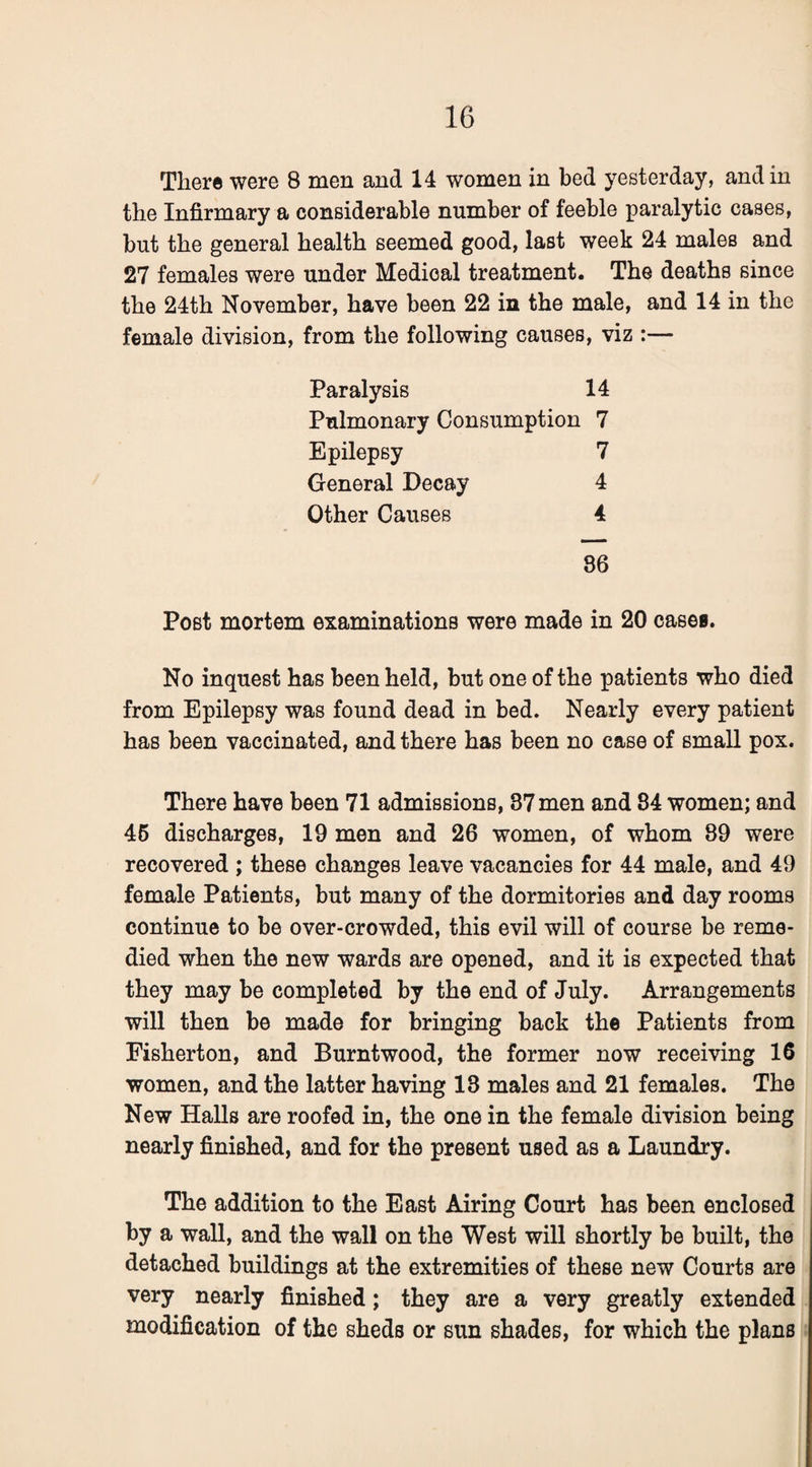 There were 8 men and 14 women in bed yesterday, and in the Infirmary a considerable number of feeble paralytic cases, but the general health seemed good, last week 24 males and 27 females were under Medical treatment. The deaths since the 24th November, have been 22 in the male, and 14 in the female division, from the following causes, viz :— Paralysis 14 Pulmonary Consumption 7 Epilepsy 7 General Decay 4 Other Causes 4 86 Post mortem examinations were made in 20 cases. No inquest has been held, but one of the patients who died from Epilepsy was found dead in bed. Nearly every patient has been vaccinated, and there has been no case of small pox. There have been 71 admissions, 37 men and 84 women; and 45 discharges, 19 men and 26 women, of whom 89 were recovered ; these changes leave vacancies for 44 male, and 49 female Patients, but many of the dormitories and day rooms continue to be over-crowded, this evil will of course be reme¬ died when the new wards are opened, and it is expected that they may be completed by the end of July. Arrangements will then be made for bringing back the Patients from Fisherton, and Burntwood, the former now receiving 16 women, and the latter having 13 males and 21 females. The New Halls are roofed in, the one in the female division being nearly finished, and for the present used as a Laundry. The addition to the East Airing Court has been enclosed by a wall, and the wall on the West will shortly be built, the detached buildings at the extremities of these new Courts are very nearly finished; they are a very greatly extended modification of the sheds or sun shades, for which the plans