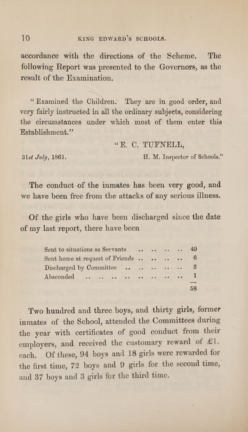 accordance with the directions of the Scheme, The following Report was presented to the Governors, as the result of the Examination. “ Examined the Children. They are in good order, and very fairly instructed in all the ordinary subjects, considering the circumstances under which most of them enter this Establishment.” “ E. C. TEFNELL, 31s£ July, 1861. H. M. Inspector of Schools.” The conduct of the inmates has been very good, and we have been free from the attacks of any serious illness. Of the girls who have been discharged since the date of my last report, there have been Sent to situations as Servants . 49 Sent home at request of Friends. 6 Discharged by Committee . 2 Absconded . 1 58 Two hundred and three boys, and thirty girls, former inmates of the School, attended the Committees during the year with certificates of good conduct from their employers, and received the customary reward ol £\. each. Of these, 94 boys and 18 girls were rewarded for the first time, 72 boys and 9 girls for the second time, and 37 boys and 3 girls for the third time.