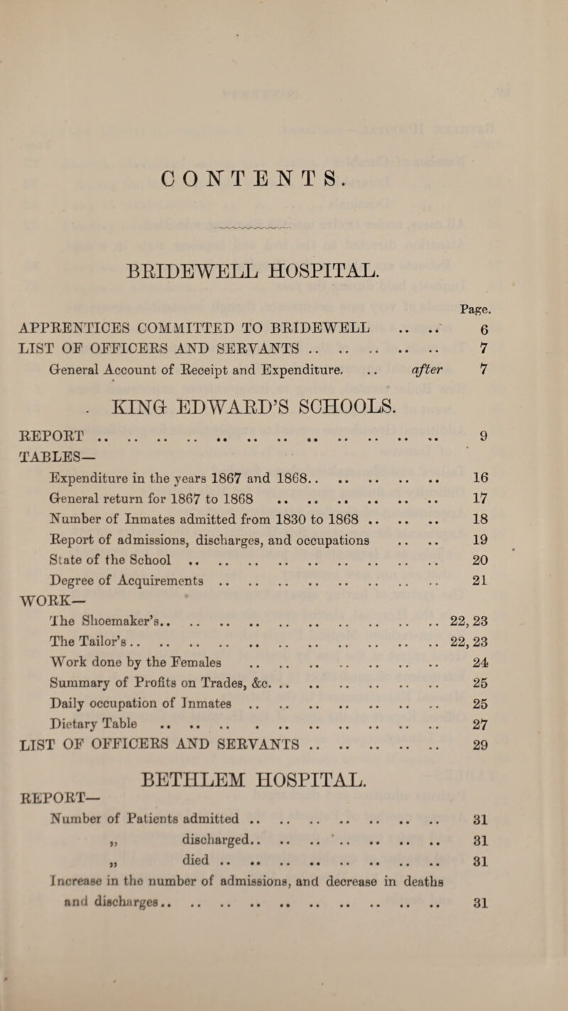 CONTENTS. BRIDEWELL HOSPITAL. Page. APPRENTICES COMMITTED TO BRIDEWELL .... 6 LIST OF OFFICERS AND SERVANTS. 7 General Account of Receipt and Expenditure. .. after 7 . KINGr EDWARD’S SCHOOLS. REPORT . 9 TABLES— Expenditure in the years 1867 and 1868. 16 General return for 1867 to 1868 17 Number of Inmates admitted from 1830 to 1868 . 18 Report of admissions, discharges, and occupations .. .. 19 State of the School. 20 Degree of Acquirements. 21 WORK— The Shoemaker’s.22, 23 The Tailor’s.22, 23 Work done by the Females . 24 Summary of Profits on Trades, &c. 25 Daily occupation of Inmates. 25 Dietary Table . 27 LIST OF OFFICERS AND SERVANTS. 29 BETIILEM HOSPITAL. REPORT— Number of Patients admitted. 31 „ discharged.'. 31 „ died. 31 Increase in the number of admissions, and decrease in deaths and discharges. 31