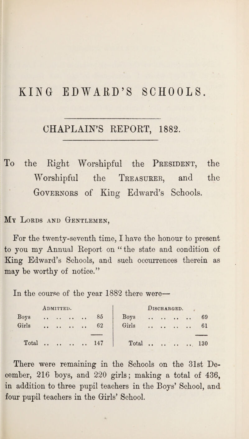 KING EDWARD’S SCHOOLS. CHAPLAIN’S REPORT, 1882. To the Right Worshipful the President, the Worshipful the Treasurer, and the Governors of King Edward’s Schools. My Lords and Gentlemen, For the twenty-seventh time, I have the honour to present to you my Annual Report on “ the state and condition of King Edward’s Schools, and such occurrences therein as may be worthy of notice.” In the course of the year 1882 there were— Admitted. Boys . 85 Girls . 62 Total. 147 Discharged. Boys . 69 Girls . 61 Total..130 There were remaining in the Schools on the 31st De¬ cember, 216 boys, and 220 girls; making a total of 436, in addition to three pupil teachers in the Boys’ School, and four pupil teachers in the Girls’ School.