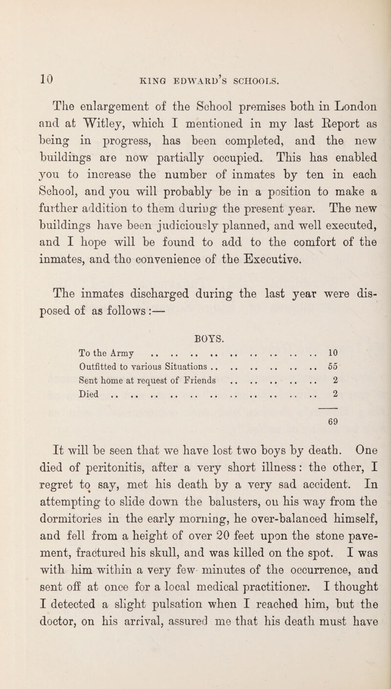 The enlargement of the School premises both in London and at Witley, which I mentioned in my last Report as being in progress, has been completed, and the new buildings are now partially occupied. This has enabled you to increase the number of inmates by ten in each School, and you will probably be in a position to make a further addition to them during the present year. The new buildings have been judiciously planned, and well executed, and I hope will be found to add to the comfort of the inmates, and tho convenience of the Executive. The inmates discharged during the last year were dis¬ posed of as follows :— BOYS. To the Army . 10 Outfitted to various Situations. 55 Sent home at request of Friends . 2 Died . 2 69 It will be seen that we have lost two boys by death. One died of peritonitis, after a very short illness: the other, I regret to say, met his death by a very sad accident. In attempting to slide down the balusters, on his way from the dormitories in the early morning, he over-balanced himself, and fell from a height of over 20 feet upon the stone pave¬ ment, fractured his skull, and was killed on the spot. I was with him within a very few minutes of the occurrence, and sent olf at once for a local medical practitioner. I thought I detected a slight pulsation when I reached him, but the doctor, on his arrival, assured me that his death must have