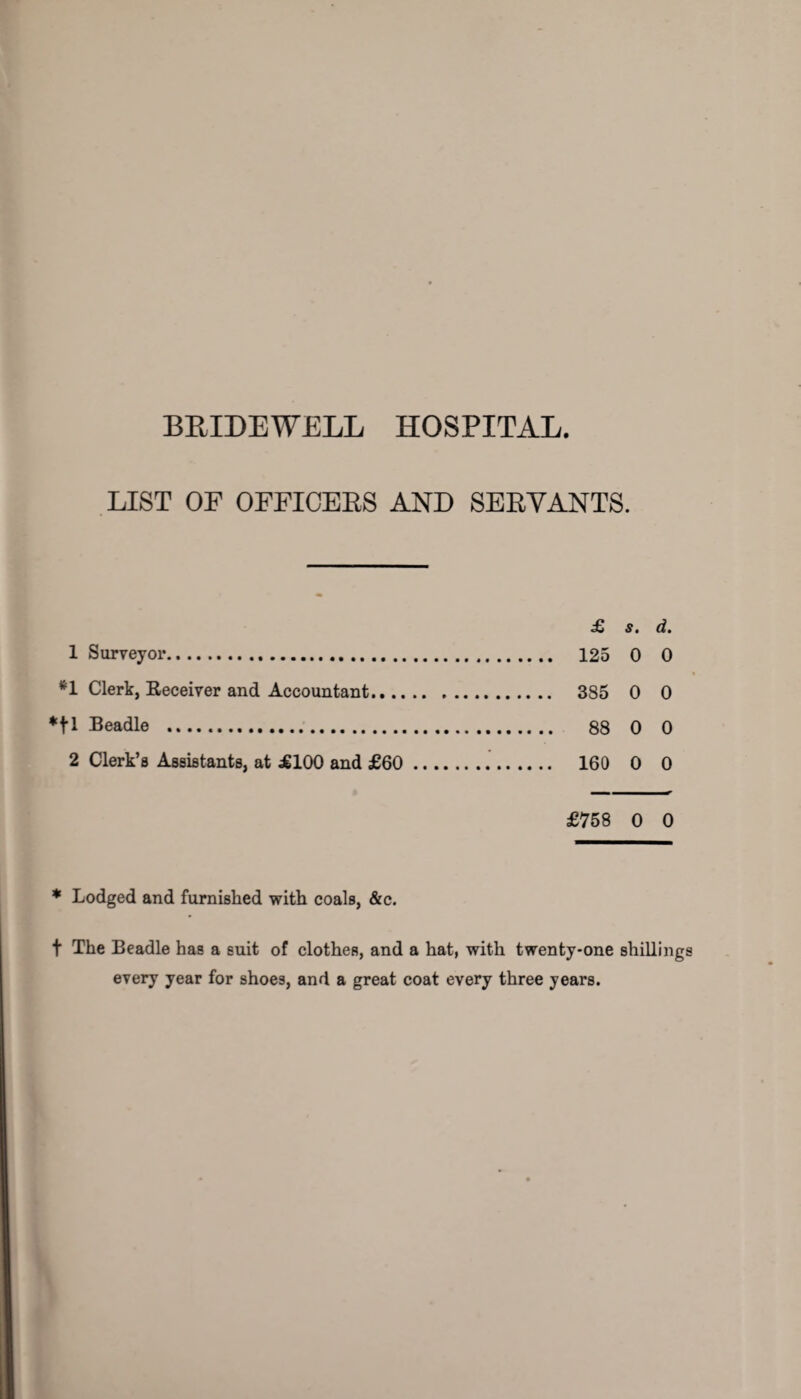 LIST OF OFFICERS AND SERVANTS. £ s. d. 1 Surveyor. 125 0 0 *1 Clerk, Receiver and Accountant. 385 0 0 *fl Beadle . 88 0 0 2 Clerk’s Assistants, at £100 and £60 . 160 0 0 £758 0 0 * Lodged and furnished with coals, &c. t The Beadle has a suit of clothes, and a hat, with twenty-one shillings every year for shoes, and a great coat every three years.