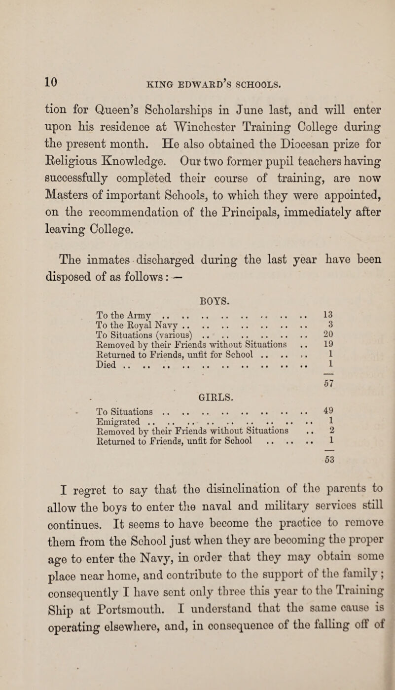 tion for Queen’s Scholarships in June last, and will enter upon his residence at Winchester Training College during the present month. He also obtained the Diocesan prize for Eeligious Knowledge. Our two former pupil teachers having successfully completed their course of training, are now Masters of important Schools, to which they were appointed, on the recommendation of the Principals, immediately after leaving College. The inmates discharged during the last year have been disposed of as follows: — BOYS. To the Army. 13 To the Royal Navy. 3 To Situations (various). 20 Removed by their Friends without Situations .. 19 Returned to Friends, unfit for School .. .. ,. 1 Died.. 1 57 GIRLS. To Situations. 49 Emigrated... .. .. 1 Removed by their Friends without Situations .. 2 Returned to Friends, unfit for School . 1 53 I regret to say that the disinclination of the parents to allow the boys to enter the naval and military services still continues. It seems to have become the practice to remove them from the School just when they are becoming the proper age to enter the Navy, in order that they may obtain some place near home, and contribute to the support ot the family; consequently I have sent only three this year to the Training Ship at Portsmouth. I understand that the same cause is operating elsewhere, and, in consequence of the falling off of