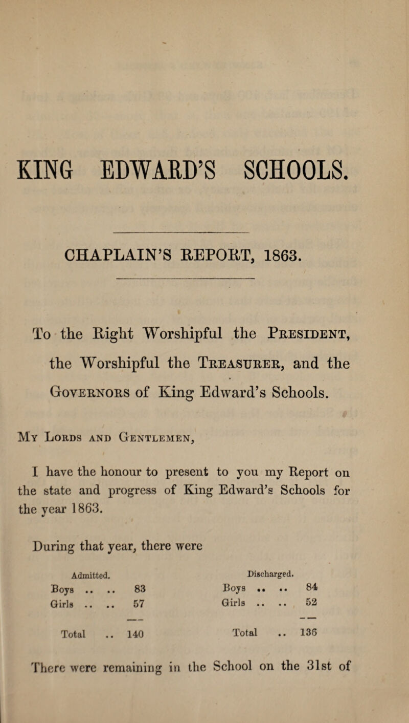 KING EDWARD’S SCHOOLS. CHAPLAIN’S REPORT, 1863. To the Eight Worshipful the President, the Worshipful the Treasurer, and the Governors of King Edward’s Schools. My Lords and Gentlemen, I have the honour to present to you my Report on the state and progress of King Edward’s Schools for the year 1863. During that year, there were Admitted. Discharged. B oys .. .. 83 B oy 8 •• •. 84 Girls .. 57 Girls .. 52 Total 140 Total 135 There were remaining in the School on the 31st of