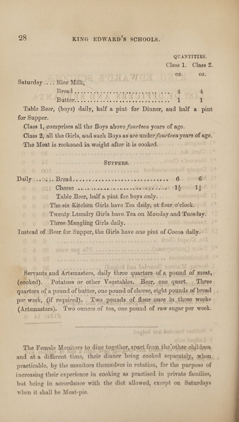 QUANTITIES. Class 1. Class 2. oz. oz. Saturday.... Rice Milk, Bread Butter 4 1 4 1 Table Beer, (boys) daily, half a pint, for Dinner, and half a pint for Supper. Class 1, comprises all the Boys above fourteen years of age. Class 2, all the Girls, and such Boys as are unfarfourteen years of age. The Meat is reckoned in weight after it is cooked. Suppers. Daily.Bread.... 6 6 Table Beer, half a pint for boys only. The six Kitchen Girls have Tea daily, at four o’clock. Twenty Laundry Girls have Tea on Monday and Tuesday. Three Mangling Girls daily. Instead of Beer for Supper, the Girls have one pint of Cocoa daily. eq .% . Servants and Artsmasters, daily three quarters of a pound of meat, f . . .• E (•••«( i *•»»»$ (cooked). Potatoes or other Vegetables. Beer, ono quart. Three • • i • quarters of a pound of butter, one pound of cheese, eight pounds of bread per week, (if required). Two pounds of flour once in three weeks (Artsmasters). Two ounces of tea, one pound of raw sugar per week. The Female Monitors to dine together, apart from the']other children and at a different time, their dinner being cooked separately, whou practicable, by the monitors themselves in rotation, for tho purpose of increasing their experience in cooking as practised in private families, but boing in accordance with the diet allowed, except on Saturdays when it shall be Meat-pie.