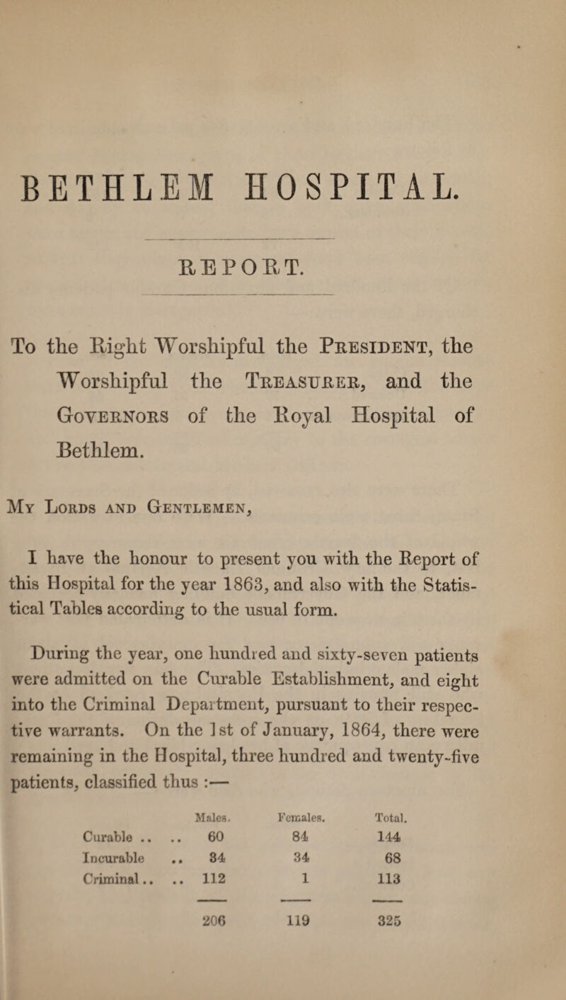 BETHLEM HOSPITAL. BEPOBT. To the Right Worshipful the President, the Worshipful the Treasurer, and the Governors of the Royal Hospital of Bethlem. My Lords and Gentlemen, I have the honour to present you with the Report of this Hospital for the year 1863, and also with the Statis¬ tical Tables according to the usual form. During the year, one hundred and sixty-seven patients were admitted on the Curable Establishment, and eight into the Criminal Department, pursuant to their respec¬ tive warrants. On the 1st of January, 1864, there were remaining in the Hospital, three hundred and twenty-five patients, classified thus • ———— • Males. Females. Total. Curable .. 60 84 144 Incurable .. 84 34 68