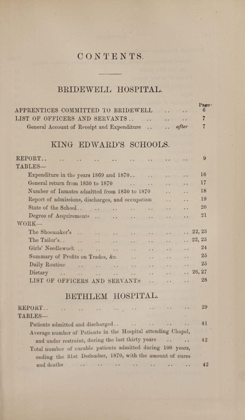 C O N T E N T S. BRIDEWELL HOSPITAL. Page* APPRENTICES COMMITTED TO BRIDEWELL .. .. 6 LIST OF OFFICERS AND SERVANTS. 7 General Account of Receipt and Expenditure .. .. after 7 KINO EDWARD’S SCHOOLS. REPORT. 9 TABLES— Expenditure in the years 1869 and 1870.. . . .. .. 16 General return from 1830 to 1870 .. .. .. .. 17 Number of Inmates admitted from 1830 to 1870 .. .. 18 Report of admissions, discharges, and occupation .. .. 19 State of the School.. .. .. .. .. .. .. 20 Degree of Acquirements .. .. .. .. .. .. 21 WORK— The Shoemaker’s .. .. .. .. .. .. .. 22, 23 The Tailor’s.22,23 Girls’ Needlework .. .. .. .. .. .. . • 24 Summary of Profits on Trades, &c. .. .. • • • • 25 Daily Routine .. .. .. .. .. • • • • 25 Dietary .. .. .. .. .. .. .. .. 26, 27 LIST OF OFFICERS AND SERVANTS. 28 BETHLEM HOSPITAL. REPORT. 29 TABLES— Patients admitted and discharged.. .. • • • • •. 41 Average number of Patients in the Hospital attending Chapel, and under restraint, during the last thirty years .. .. 42 Total number of curable patients admitted during 100 years, ending the 31st December, 1870, with the amount of cures and deaths • • • • • • • • • • .. . . 42