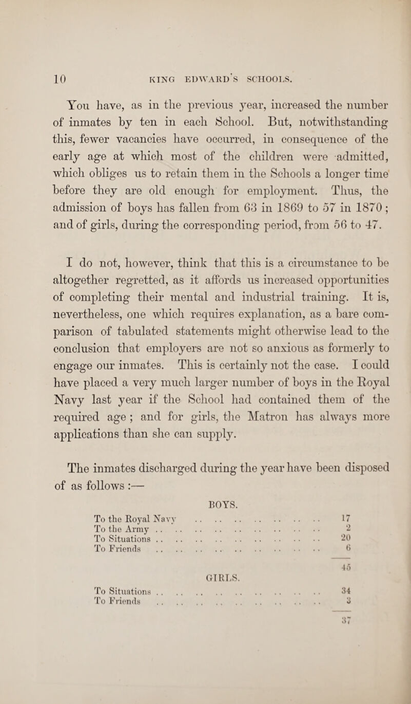 You have, as in the previous year, increased the number of inmates by ten in each School. But, notwithstanding this, fewer vacancies have occurred, in consequence of the early age at which most of the children were -admitted, which obliges us to retain them in the Schools a longer time before they are old enough for employment. Thus, the admission of boys has fallen from 63 in 1869 to 57 in 1870; and of girls, during the corresponding period, from 56 to 47. I do not, however, think that this is a circumstance to be altogether regretted, as it affords us increased opportunities of completing their mental and industrial training. It is, nevertheless, one which requires explanation, as a bare com¬ parison of tabulated statements might otherwise lead to the conclusion that employers are not so anxious as formerly to engage our inmates. This is certainly not the case. I could have placed a very much larger number of boys in the Royal Navy last year if the School had contained them of the required age ; and for girls, the Matron has always more applications than she can supply. The inmates discharged during the year have been disposed of as follows :— BOYS. To the Royal Navy . 17 To the Army. 2 To Situations. 20 To Friends . 0 45 GIRLS. To Situations. 34 To Friends . 3