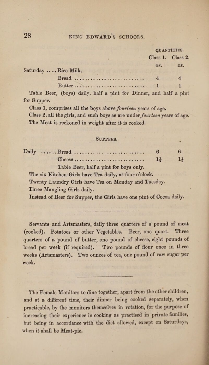 QUANTITIES. . Class 1. Class 2. oz. oz. Saturday .... Rice Milk. Bread. 4 4 Butter. 1 1 Table Beer, (boys) daily, half a pint for Dinner, and half a pint for Supper. Class 1, comprises all the boys above fourteen years of age. Class 2, all the girls, and such boys as are under fourteen years of age. The Meat is reckoned in weight after it is cooked. Suppers. Daily .Bread .. .. ... 6 6 Cheese. 1£ 1§ Table Beer, half a pint for boys only. The six Kitchen Girls have Tea daily, at four o’clock. Twenty Laundry Girls have Tea on Monday and Tuesday. Three Mangling Girls daily. Instead of Beer for Supper, the Girls have one pint of Cocoa daily. Servants and Artsmasters, daily three quarters of a pound of meat (cooked). Potatoes or other Vegetables. Beer, one quart. Three quarters of a pound of butter, one pound of cheese, eight pounds of bread per week (if required). Two pounds of flour once in three weeks (Artsmasters). Two ounces of tea, one pound of raw sugar per week. The Female Monitors to dine together, apart from the other children, and at a different time, their dinner being cooked separately, when practicable, by the monitors themselves in rotation, for the purpose of increasing their experience in cooking as practised in private families, but being in accordance with the diet allowed, except on Saturdays, when it shall be Meat-pie.