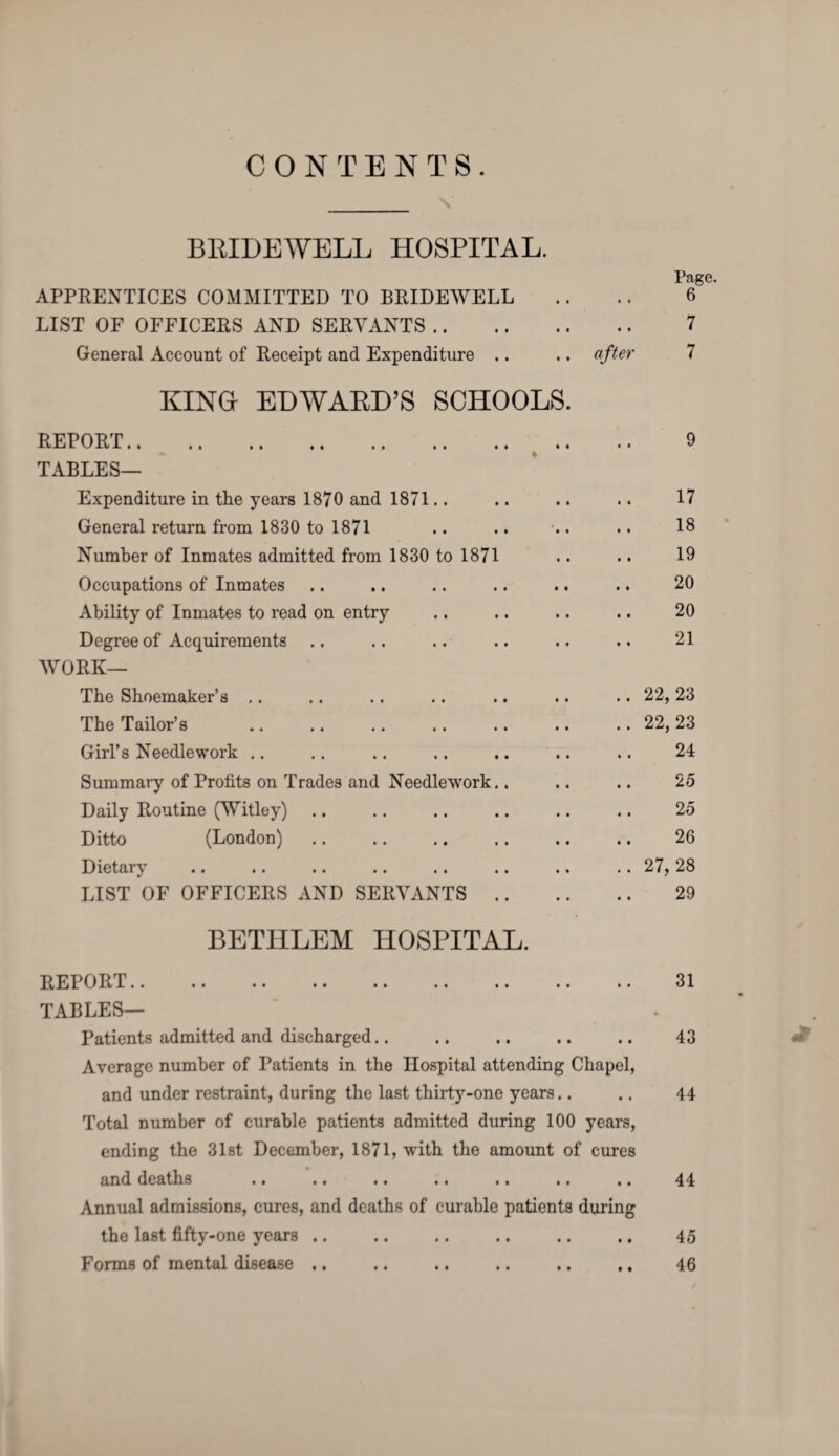 CONTENTS. BRIDEWELL HOSPITAL. APPRENTICES COMMITTED TO BRIDEWELL LIST OF OFFICERS AND SERVANTS. General Account of Receipt and Expenditure .. KINO EDWARD’S SCHOOLS REPORT.. TABLES— Expenditure in the years 1870 and 1871.. General return from 1830 to 1871 Number of Inmates admitted from 1830 to 1871 Occupations of Inmates Ability of Inmates to read on entry Degree of Acquirements WORK— Tbe Shoemaker’s The Tailor’s Girl’s Needlework .. Summary of Profits on Trades and Needlework.. Daily Routine (Witley) .. Ditto (London) Dietary LIST OF OFFICERS AND SERVANTS .. Page. 6 7 after 7 17 18 19 20 20 21 22, 23 22, 23 24 25 25 26 27, 28 29 BETHLEM HOSPITAL. REPORT.. .. .. .. .. .. .. .. •. TABLES— Patients admitted and discharged.. Average number of Patients in the Hospital attending Chapel, and under restraint, during the last thirty-one years.. Total number of curable patients admitted during 100 years, ending the 31st December, 1871, with the amount of cures and deaths .. .. .. .. »• .. .. Annual admissions, cures, and deaths of curable patients during the last fifty-one years .. Forms of mental disease .. 31 43 - 44 44 45 46