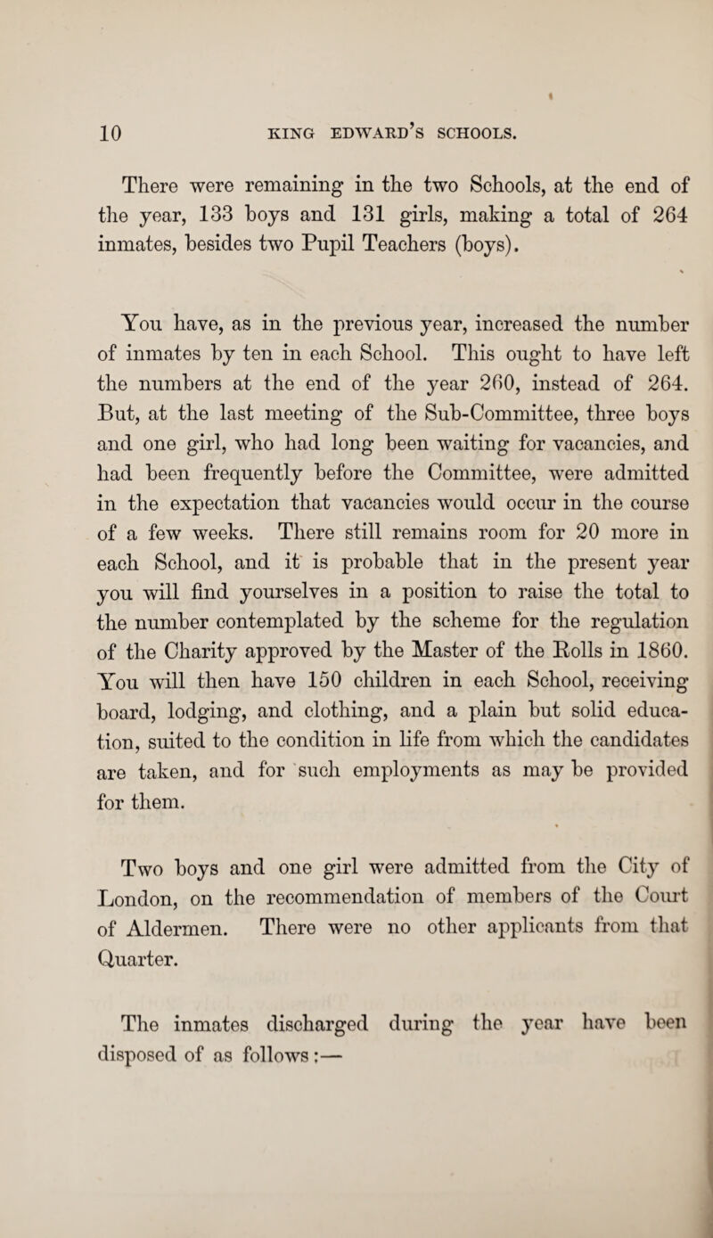 There were remaining in the two Schools, at the end of the year, 133 boys and 131 girls, making a total of 264 inmates, besides two Pupil Teachers (boys). You have, as in the previous year, increased the number of inmates by ten in each School. This ought to have left the numbers at the end of the year 260, instead of 264. But, at the last meeting of the Sub-Committee, three boys and one girl, who had long been waiting for vacancies, and had been frequently before the Committee, were admitted in the expectation that vacancies would occur in the course of a few weeks. There still remains room for 20 more in each School, and it is probable that in the present year you will find yourselves in a position to raise the total to the number contemplated by the scheme for the regulation of the Charity approved by the Master of the Rolls in 1860. You will then have 150 children in each School, receiving board, lodging, and clothing, and a plain but solid educa¬ tion, suited to the condition in life from which the candidates are taken, and for such employments as may be provided for them. Two boys and one girl were admitted from the City of London, on the recommendation of members of the Court of Aldermen. There were no other applicants from that Quarter. The inmates discharged during the year have been disposed of as follows :—
