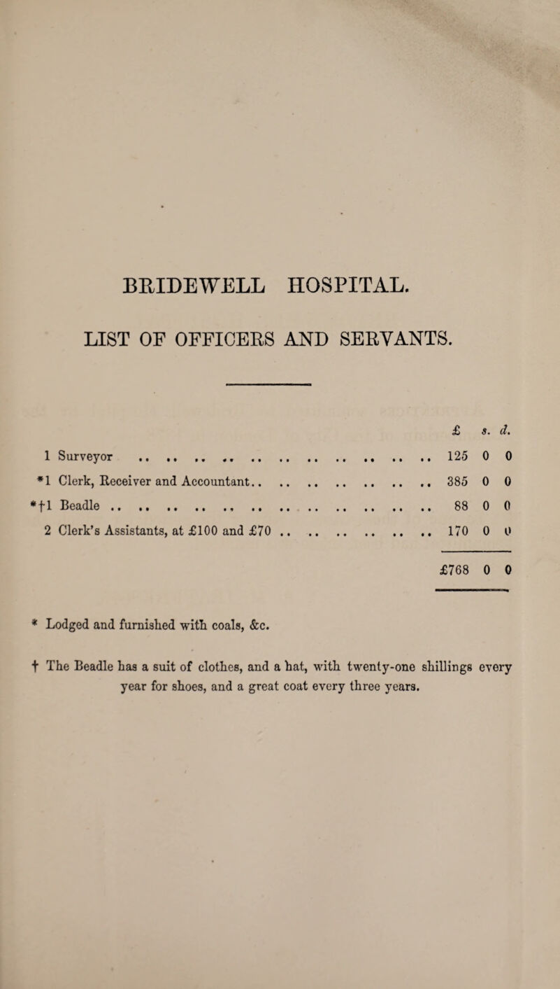 LIST OF OFFICERS AND SERVANTS. £ s. d. 1 Surveyor . 125 0 0 *1 Clerk, Receiver and Accountant. 385 0 0 *fl Beadle. 88 0 0 2 Clerk’s Assistants, at £100 and £70. 170 0 0 £768 0 0 * Lodged and furnished with coals, &c. t The Beadle has a suit of clothes, and a hat, with twenty-one shillings every year for shoes, and a great coat every three years.