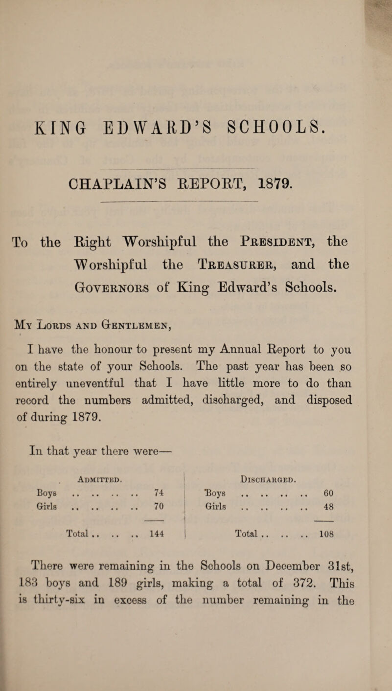 KING EDWARD’S SCHOOLS. CHAPLAIN’S REPORT, 1879. To the Right Worshipful the President, the Worshipful the Treasurer, and the Governors of King Edward’s Schools. My .Lords and Gentlemen, I have the honour to present my Annual Report to you on the state of your Schools. The past year has been so entirely uneventful that I have little more to do than record the numbers admitted, discharged, and disposed of during 1879. In that year there were— Admitted. Boys . 74 Girls .. 70 Total. 144 Discharged. Boys . 60 Girls . 48 Total. 108 There were remaining in the Schools on December 31st, 183 hoys and 189 girls, making a total of 372. This is thirty-six in excess of the number remaining in the