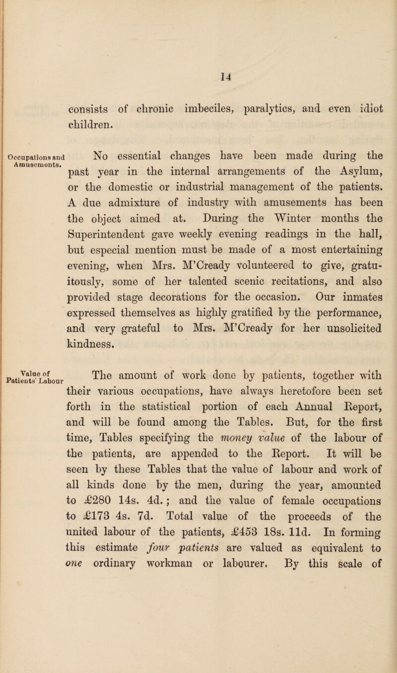 consists of chronic imbeciles, paralytics, and even idiot children. 1 occupations and No essential changes have been made during the past year in the internal arrangements of the Asylum, or the domestic or industrial management of the patients. A due admixture of industry with amusements has been the object aimed at. During the Winter months the Superintendent gave weekly evening readings in the hall, but especial mention must he made of a most entertaining evening, when Mrs. M’Cready volunteered to give, gratu¬ itously, some of her talented scenic recitations, and also provided stage decorations for the occasion. Our inmates expressed themselves as highly gratified by the performance, and very grateful to Mrs. M’Cready for her unsolicited kindness. Value of Patients' Labour ! The amount of work done by patients, together with their various occupations, have always heretofore been set forth in the statistical portion of each Annual Deport, and will he found among the Tables. But, for the first time, Tables specifying the money value of the labour of the patients, are appended to the Deport. It will be seen by these Tables that the value of labour and work of all kinds done by the men, during the year, amounted to 42280 14s. 4d.; and the value of female occupations to £178 4s. 7d. Total value of the proceeds of the united labour of the patients, £458 18s. lid. In forming this estimate four patients are valued as equivalent to one ordinary workman or labourer. By this scale of