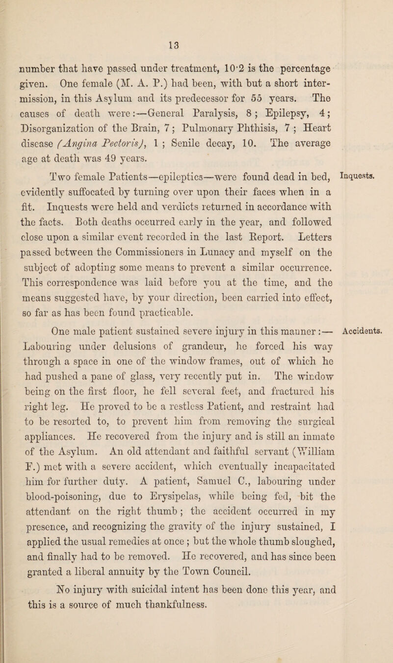 number that have passed under treatment, 10‘2 is the percentage given. One female (M. A. P.) had been, with but a short inter¬ mission, in this Asylum and its predecessor for 55 years. The causes of death wereGeneral Paralysis, 8; Epilepsy, 4; Disorganization of the Brain, 7; Pulmonary Phthisis, 7 ; Heart disease (Angina Pectoris), 1 ; Senile decay, 10. The average age at death was 49 years. Two female Patients—epileptics—-were found dead in bed, evidently suffocated by turning over upon their faces when in a fit. Inquests were held and verdicts returned in accordance with the facts. Both deaths occurred early in the year, and followed close upon a similar event recorded in the last Beport. Letters passed between the Commissioners in Lunacy and myself on the subject of adopting some means to prevent a similar occurrence. This correspondence was laid before you at the time, and the means suggested have, by your direction, been carried into effect, so far as has been found practicable. One male patient sustained severe injury in this manner : — Labouring under delusions of grandeur, he forced his way through a space in one of the window frames, out of which he had pushed a pane of glass, very recently put in. The window being on the first floor, he fell several feet* and fractured his right leg. He proved to be a restless Patient, and restraint had to be resorted to, to prevent him from removing the surgical appliances. He recovered from the injury and is still an inmate of the Asylum. An old attendant and faithful servant (William E.) met with a severe accident, which eventually incapacitated him for further duty. A patient, Samuel C., labouring under blood-poisoning, due to Erysipelas, while being fed, bit the attendant on the right thumb ; the accident occurred in my presence, and recognizing the gravity of the injury sustained, I applied the usual remedies at once ; but the whole thumb sloughed, and finally had to be removed. He recovered, and has since been granted a liberal annuity by the Town Council. Ho injury with suicidal intent has been done this year, and this is a source of much thankfulness. Inquests. Accidents.