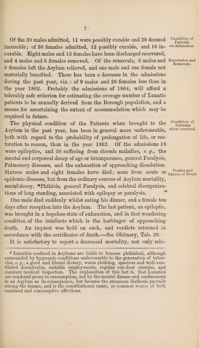 Of the 39 males admitted, 11 were possibly curable and 28 deemed incurable; of 30 females admitted, 12 possibly curable, and 18 in¬ curable. Eight males and 13 females have been discharged recovered, and 4 males and 6 females removed. Of the removals, 3 males and 5 females left the Asylum relieved, and one male and one female not materially benefited. There has been a decrease in the admissions during the past year, viz. : of 9 males and 20 females less than in the year 1862. Probably the admissions of 1864, will afford a tolerably safe criterion for estimating the average number of Lunatic patients to be annually derived from the Borough population, and a means for ascertaining the extent of accommodation which may be required in future. The physical condition of the Patients when brought to the Asylum in the past year, has been in general more unfavourable, both with regard to the probability of prolongation of life, or res¬ toration to reason, than in the year 1862. Of the admissions 18 were epileptics, and 20 suffering from chronic maladies, e. g., the mental and corporeal decay of age or intemperance, general Paralysis, Pulmonary diseases, and the exhaustion of approaching dissolution. Sixteen males and eight females have died; none from acute or epidemic diseases, but from the ordinary sources of Asylum mortality, senifel decay, ^Phthisis, general Paralysis, and celebral disorganiza¬ tions of long standing, associated with epilepsy or paralysis. One male died suddenly whilst eating his dinner, and a female ten days after reception into the Asylum. The last patient, an epileptic, was brought in a hopeless state of exhaustion, and in that wandering- condition of the intellects which is the harbinger of approaching death. An inquest was held on each, and verdicts returned in accordance with the certificates of death.—See Obituary, Tab. 29. It is satisfactory to report a decreased mortality, not only rela- * Lunatics confined in Asylums are liable to become phthisical, although surrounded by hygseanic conditions unfavourable to the generation of tuber¬ cles, e. g., a good and liberal dietary, warm clothing, spacious and well-ven¬ tilated dormitories, suitable employments, regular out-door exercise, and constant medical inspection. The explanation of this fact is, that Lunatics are rendered prone to consumption, not by the mental disease and confinement in an Asylum as its consequence, but because the strumous diathesis prevails among the insane, and is the constitutional cause, or common source of both maniacal and consumptive affections. Curability of Patients on Admission. Recoveries and Removals. Condition of Patients when received. Deaths and Causes of Death