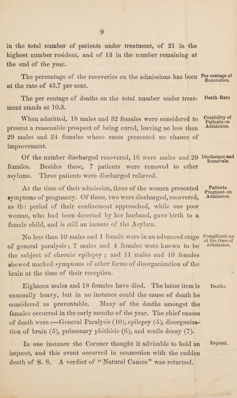 in the total number of patients under treatment, of 21 in the highest number resident, and of 13 in the number remaining at the end of the year. The percentage of the recoveries on the admissions has been centage of r ° Recoveries. at the rate of 43.7 per cent. The per centage of deaths on the total number under treat- Death Rate ment stands at 10.3. When admitted, 18 males and 32 females were considered to ^tients^n* present a reasonable prospect of being cured, leaving no less than Admission. 29 males and 24 females whose cases presented no chance of improvement. Of the number discharged recovered, 16 were males and 29 Discharges and ° 7 Removals. females. Besides these, 7 patients wTere removed to other asylums. Three patients were discharged relieved. At the time of their admission, three of the women presented Patients 7 1 Pregnant on symptoms of pregnancy. Of these, two wrere discharged, recovered, Admission, as the period of their confinement approached, while one poor woman, who had been deserted by her husband, gave birth to a female child, and is still an inmate of the Asylum. No less than 10 males and 1 female were in an advanced stage Complications ° at the time of of general paralysis ; 7 males and 4 females were known to be Admission, the subject of chronic epilepsy; and 11 males and 10 females showed marked symptoms of other forms of disorganization of the brain at the time of their reception. Eighteen males and 18 females have died. The latter item is Deaths, unusually heavy, but in no instance could the cause of death be considered as preventable. Many of the deaths amongst the females occurred in the early months of the year. The chief causes of death were :—General Paralysis (10), epilepsy (5), disorganiza¬ tion of brain (5), pulmonary phithisis (6), and senile decay (7). In one instance the Coroner thought it advisable to hold an inquest, inquest, and this event occurred in connection with the sudden death of S. S. A verdict of “Natural Causes” was returned.