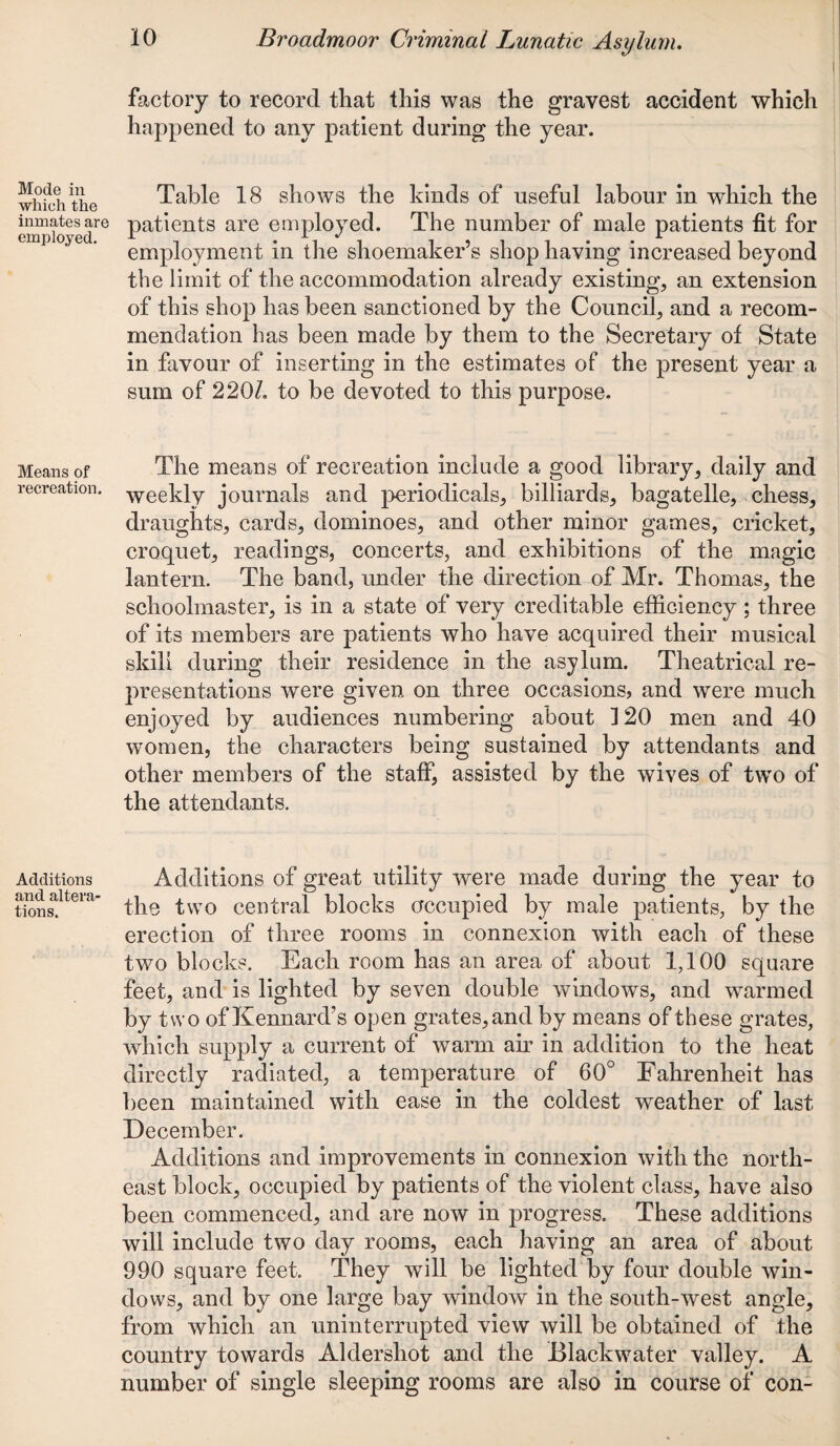 Mode in which the inmates are employed. Means of recreation. Additions and altera' tions. factory to record that this was the gravest accident which happened to any patient during the year. Table 18 shows the kinds of useful labour in which the patients are employed. The number of male patients fit for employment in the shoemaker’s shop having increased beyond the limit of the accommodation already existing, an extension of this shop has been sanctioned by the Council, and a recom¬ mendation has been made by them to the Secretary of State in favour of inserting in the estimates of the present year a sum of 220/. to be devoted to this purpose. The means of recreation include a good library, daily and weekly journals and periodicals, billiards, bagatelle, chess, draughts, cards, dominoes, and other minor games, cricket, croquet, readings, concerts, and exhibitions of the magic lantern. The band, under the direction of Mr. Thomas, the schoolmaster, is in a state of very creditable efficiency; three of its members are patients who have acquired their musical skill during their residence in the asylum. Theatrical re¬ presentations were given on three occasions, and were much enjoyed by audiences numbering about 3 20 men and 40 women, the characters being sustained by attendants and other members of the staff, assisted by the wives of two of the attendants. Additions of great utility were made during the year to the two central blocks occupied by male patients, by the erection of three rooms in connexion with each of these two blocks. Each room has an area of about 1,100 square feet, and is lighted by seven double windows, and warmed by two of Kennard’s open grates, and by means of these grates, which supply a current of warm ah’ in addition to the heat directly radiated, a temperature of 60° Fahrenheit has been maintained with ease in the coldest weather of last December. Additions and improvements in connexion with the north¬ east block, occupied by patients of the violent class, have also been commenced, and are now in progress. These additions will include two day rooms, each having an area of about 990 square feet. They will be lighted by four double win¬ dows, and by one large bay window in the south-west angle, from which an uninterrupted view will be obtained of the country towards Aldershot and the Blackwater valley. A number of single sleeping rooms are also in course of con-