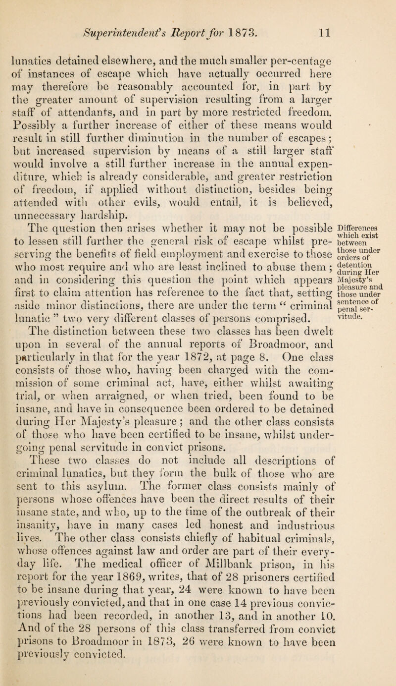 lunatics detained elsewhere, and the much smaller per-centage of instances of escape which have actually occurred here may therefore he reasonably accounted for, in part by the greater amount of supervision resulting from a larger staff of attendants, and in part by more restricted freedom. Possibly a further increase of either of these means would result in still further diminution in the number of escapes; but increased supervision by means of a still larger staff would involve a still further increase in the annual expen¬ diture, which is already considerable, and greater restriction of freedom, if applied without distinction, besides being attended with other evils, would entail, it is believed, unnecessary hardship. The question then arises whether it may not be possible to lessen still further the general risk of escape whilst pre¬ serving the benefits of field employment and exercise to those who most require and who are least inclined to abuse them; and in considering this question the point which appears first to claim attention has reference to the fact that, setting aside minor distinctions, there are under the term “ criminal lunatic ” twro very different classes of persons comprised. The distinction hetwTeen these two classes has been dwelt upon in several of the annual reports of Broadmoor, and particularly in that for the year 1872, at page 8. One class consists of those wdio, having been charged with the com¬ mission of some criminal act, have, either whilst awaiting trial, or when arraigned, or Avhen tried, been found to be insane, and have in consequence been ordered to be detained during Her Majesty’s pleasure ; and the other class consists of those ay ho have been certified to be insane, whilst under¬ going penal servitude in convict prisons. These two classes do not include all descriptions of criminal lunatics, but they form the bulk of those who are sent to this asylum. The former class consists mainly of persons whose offences have been the direct results of their insane state, and who, up to the time of the outbreak of their insanity, have in many cases led honest and industrious lives. The other class consists chiefly of habitual criminals, whose offences against law and order are part of their every¬ day life. The medical officer of Millbank prison, in his report for the year 1869, writes, that of 28 prisoners certified to be insane during that year, 24 were known to have been previously convicted, and that in one case 14 previous convic¬ tions had been recorded, in another 13, and in another 10. And of the 28 persons of this class transferred from convict prisons to Broadmoor in 1873, 26 Avere known to have been previously convicted. Differences which exist between those under orders of detention during Her Majesty’s pleasure and those under sentence of penal ser¬ vitude.