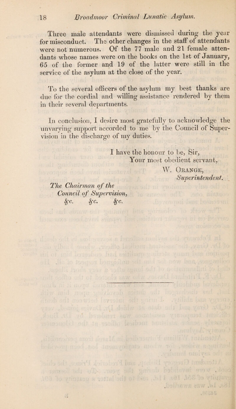 Three male attendants were dismissed during the year for misconduct. The other changes in the staff of attendants were not numerous. Of the 77 male and 21 female atten¬ dants whose names were on the books on the 1st of January, 65 of the former and 19 of the latter were still in the service of the asylum at the close of the year. To the several officers of the asylum my best thanks are due for the cordial and willing assistance rendered by them in their several departments. In conclusion, I desire most gratefully to acknowledge the unvarying support accorded to me by the Council of Super¬ vision in the discharge of my duties. I have the honour to be, Sir, Your most obedient servant, W. Orange, Superintendent. The Chairman of the Council of Supervision, 8fc. Sfc. fyc,