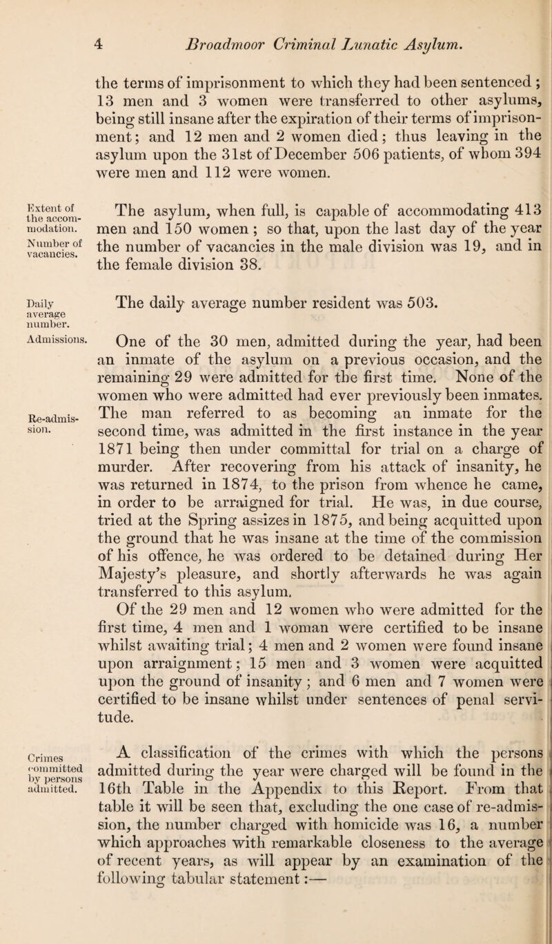 Extent of the accom¬ modation. Number of vacancies. Daily average number. Admissions. Re-admiS' sion. Crimes committed by persons admitted. the terms of imprisonment to which they had been sentenced ; 13 men and 3 women were transferred to other asylums, being still insane after the expiration of their terms of imprison¬ ment; and 12 men and 2 women died; thus leaving in the asylum upon the 31st of December 506 patients, of whom 394 were men and 112 were women. The asylum, when full, is capable of accommodating 413 men and 150 women ; so that, upon the last day of the year the number of vacancies in the male division was 19, and in the female division 38. The daily average number resident was 503. One of the 30 men, admitted during the year, had been an inmate of the asylum on a previous occasion, and the remaining 29 were admitted for the first time. None of the women who were admitted had ever previously been inmates. The man referred to as becoming an inmate for the second time, was admitted in the first instance in the year 1871 being then under committal for trial on a charge of murder. After recovering from his attack of insanity, he was returned in 1874, to the prison from whence he came, in order to be arraigned for trial. He was, in due course, tried at the Spring assizes in 1875, and being acquitted upon the ground that he was insane at the time of the commission of his offence, he was ordered to be detained during Her Majesty’s pleasure, and shortly afterwards he was again transferred to this asylum. Of the 29 men and 12 women who were admitted for the first time, 4 men and 1 woman were certified to be insane whilst awaiting trial; 4 men and 2 women were found insane : upon arraignment; 15 men and 3 women were acquitted : upon the ground of insanity ; and 6 men and 7 women were certified to be insane whilst under sentences of penal servi¬ tude. A classification of the crimes with which the persons admitted during the year were charged will be found in the 16th Table in the Appendix to this Report. From that table it will be seen that, excluding the one case of re-admis¬ sion, the number charged with homicide was 16, a number which approaches with remarkable closeness to the average of recent years, as will appear by an examination of the following tabular statement:—