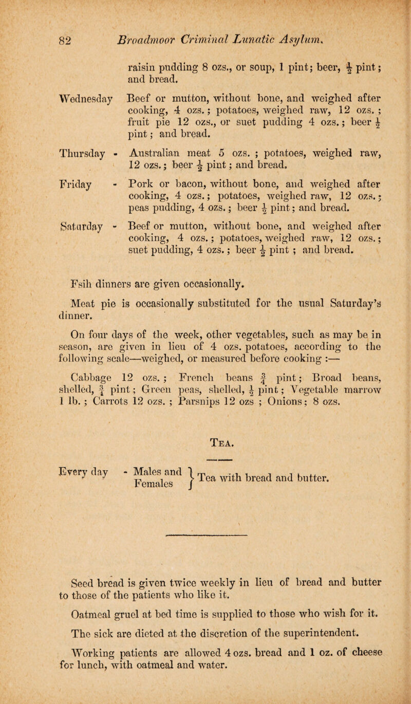 raisin pudding 8 ozs., or soup, 1 pint; beer, § pint; and bread. Wednesday Beef or mutton, without bone, and weighed after cooking, 4 ozs.; potatoes, weighed raw, 12 ozs. ; fruit pie 12 ozs., or suet pudding 4 ozs.; beer ^ pint; and bread. Thursday - Friday (Saturday - Australian meat 5 ozs. ; potatoes, weighed raw, 12 ozs.; beer pint; and bread. Pork or bacon, without bone, and weighed after cooking, 4 ozs.; potatoes, weighed raw, 12 ozs.; peas pudding, 4 ozs.; beer | pint; and bread. Beef or mutton, without bone, and weighed after cooking, 4 ozs.; potatoes, weighed raw, 12 ozs.; suet pudding, 4 ozs.; beer J pint ; and bread. Fsik dinners are given occasionally. Meat pie is occasionally substituted for the usual Saturday’s dinner. On four days of the week, other vegetables, such as may be in season, are given in lieu of 4 ozs. potatoes, according to the following scale—weighed, or measured before cooking :—• Cabbage 12 ozs. ; French beans J pint; Broad beans, shelled, | pint; Green peas, shelled, J pint; Vegetable marrow 1 lb. ; Carrots 12 ozs. ; Parsnips 12 ozs ; Onions; 8 ozs. Tea. Every day - Males and Females 1 / Tea with bread and butter. Seed bread is given twice weekly in lieu of bread and butter to those of the patients who like it. Oatmeal gruel at bed time is supplied to those who wish for it. The sick are dieted at the discretion of the superintendent. Working patients are allowed 4 ozs. bread and 1 oz. of cheese for lunch, with oatmeal and water.