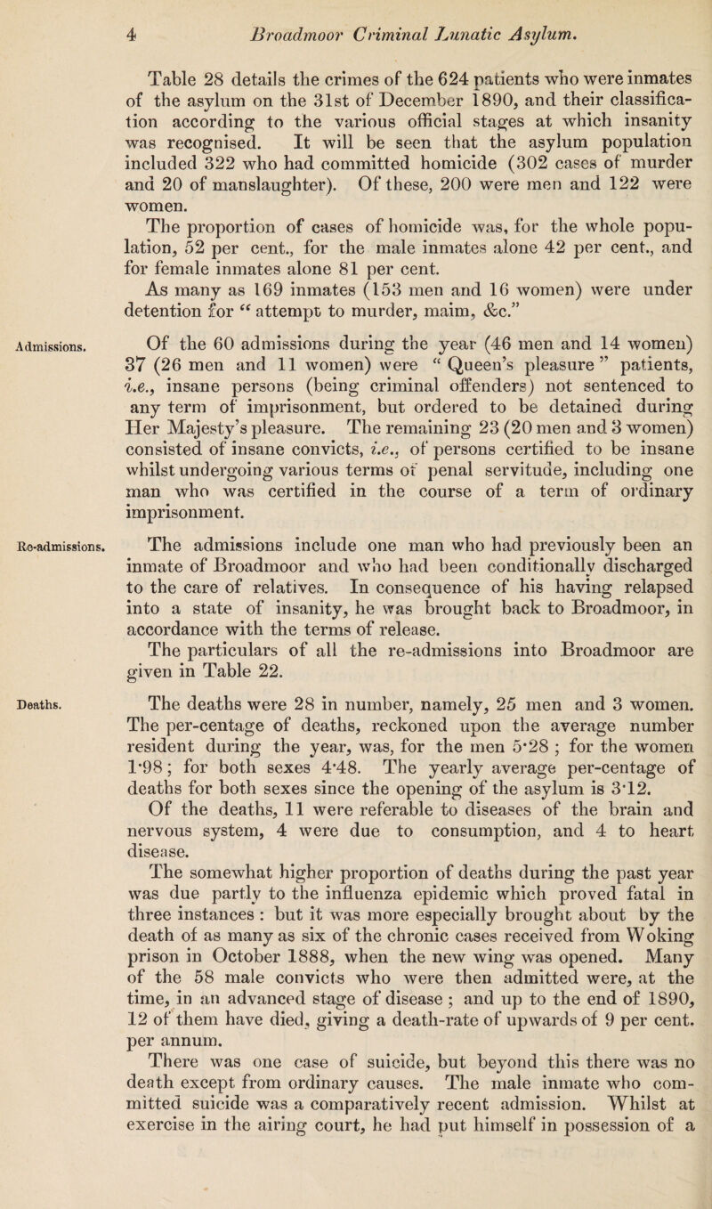 Admissions. Re-admissions. Deaths. Table 28 details the crimes of the 624 patients who were inmates of the asylum on the 31st of December 1890, and their classifica¬ tion according to the various official stages at which insanity was recognised. It will be seen that the asylum population included 322 who had committed homicide (302 cases of murder and 20 of manslaughter). Of these, 200 were men and 122 were women. The proportion of cases of homicide was, for the whole popu¬ lation, 52 per cent., for the male inmates alone 42 per cent., and for female inmates alone 81 per cent. As many as 169 inmates (153 men and 16 women) were under detention for “ attempt to murder, maim, &c.” Of the 60 admissions during the year (46 men and 14 women) 37 (26 men and 11 women) were “ Queen’s pleasure” patients, i.e., insane persons (being criminal offenders) not sentenced to any term of imprisonment, but ordered to be detained during Her Majesty’s pleasure. The remaining 23 (20 men and 3 women) consisted of insane convicts, i.e., of persons certified to be insane whilst undergoing various terms of penal servitude, including one man who was certified in the course of a term of ordinary imprisonment. The admissions include one man who had previously been an inmate of Broadmoor and who had been conditionally discharged to the care of relatives. In consequence of his having relapsed into a state of insanity, he was brought back to Broadmoor, in accordance with the terms of release. The particulars of all the re-admissions into Broadmoor are given in Table 22. The deaths were 28 in number, namely, 25 men and 3 women. The per-centage of deaths, reckoned upon the average number resident during the year, was, for the men 5*28 ; for the women 1*98; for both sexes 4*48. The yearly average per-centage of deaths for both sexes since the opening of the asylum is 3T2. Of the deaths, 11 were referable to diseases of the brain and nervous system, 4 were due to consumption, and 4 to heart disease. The somewhat higher proportion of deaths during the past year was due partly to the influenza epidemic which proved fatal in three instances : but it was more especially brought about by the death of as many as six of the chronic cases received from Woking prison in October 1888, when the new wing was opened. Many of the 58 male convicts who were then admitted were, at the time, in an advanced stage of disease ; and up to the end of 1890, 12 of them have died, giving a death-rate of upwards of 9 per cent, per annum. There was one case of suicide, but beyond this there was no death except from ordinary causes. The male inmate who com¬ mitted suicide was a comparatively recent admission. Whilst at exercise in the airing court, he had put himself in possession of a