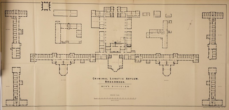 Criminal Lunatic Asylum, Broadmoor. men’s division. GROUND PLAN. 10 C w 20 SO 4? 5° 60 70 80 00 100 110 120 130 140 150 SCALE OF FEET. DANtcnncLO.Lit*.2?. Btorofto ST Covcht Cahoi*. U373 Z2/8S