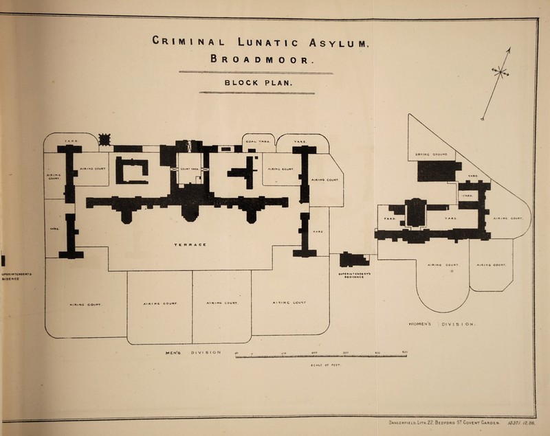 Broadmoor. BLOCK PLAN. I UPER'NTENOENTS S1DENCE • AlRlMG COURT air* no court A 1 R 1 NO COURT. ^-—--- ^_ 1. J «U*rMNT£hlDeNT'S RESIDENCE A I RINC COORT M £ n's D 1 V I SION 60 ICO 200 - ■ 4- 300 $c*L£ cp recr. Danoermeld. Lith, 22. Bedford St Covent Garoe.n. /O37J./2.86.