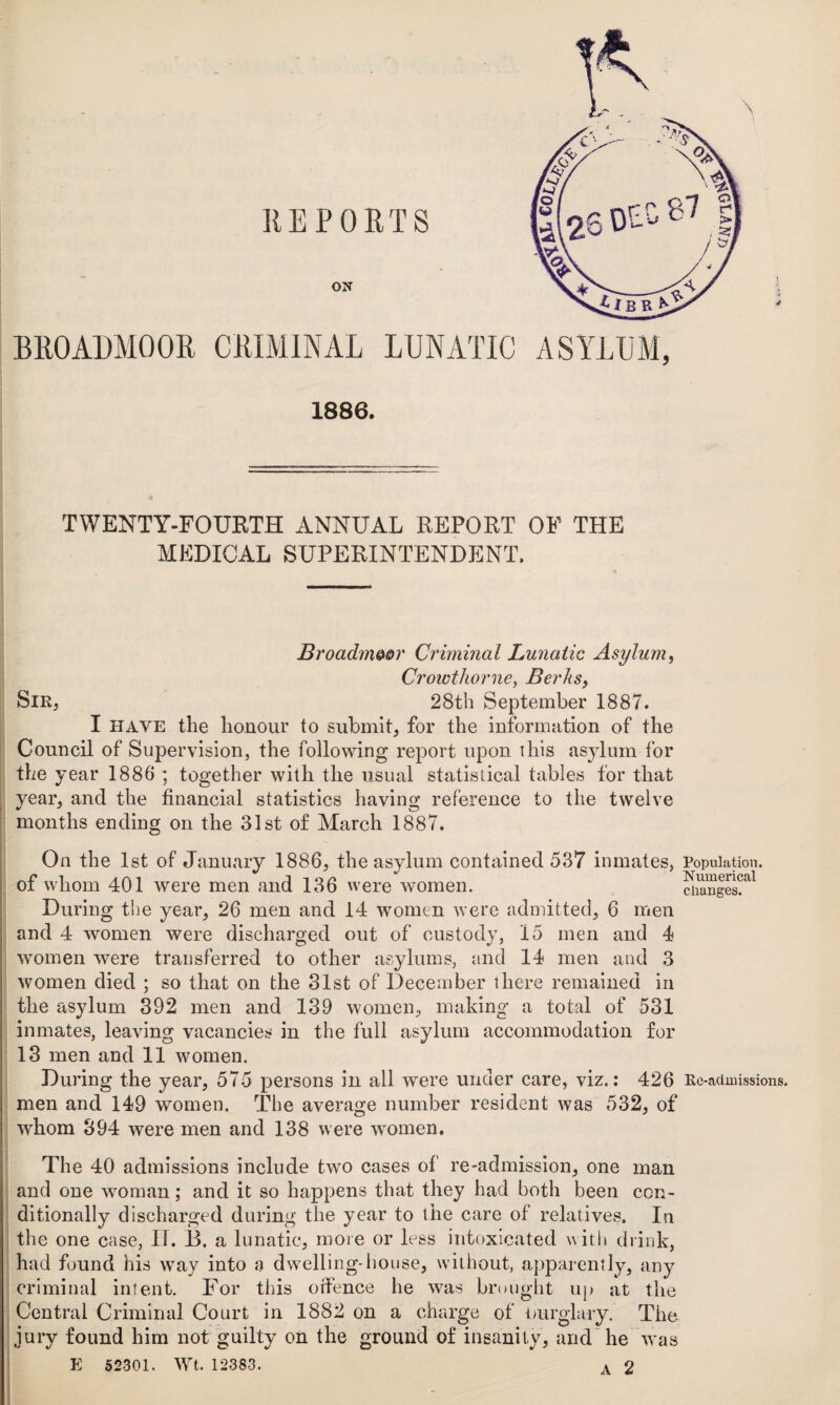J ON BROADMOOR CRIMINAL LUNATIC 1886. TWENTY-FOURTH ANNUAL REPORT OF THE MEDICAL SUPERINTENDENT. Broadmoor Criminal Lunatic Asylum, Crowthorne, Berks, Sir, 28th September 1887. I HAVE the honour to submit, for the information of the Council of Supervision, the following report upon this asylum for the year 1886 ; together with the usual statistical tables for that year, and the financial statistics having reference to the twelve months ending on the 31st of March 1887. On the 1st of January 1886, the asylum contained 537 inmates, Population, of whom 401 were men and 136 were women. ciianges?al During the year, 26 men and 14 women were admitted, 6 men and 4 women were discharged out of custody, 15 men and 4 women were transferred to other asylums, and 14 men and 3 women died ; so that on the 31st of December there remained in the asylum 392 men and 139 women., making a total of 531 inmates, leaving vacancies in the full asylum accommodation for 13 men and 11 women. During the year, 575 persons in all were under care, viz.: 426 Re-admissions, men and 149 women. The average number resident was 532, of whom 894 were men and 138 were women. The 40 admissions include two cases of re-admission, one man and one woman; and it so happens that they had both been con¬ ditionally discharged during the year to the care of relatives. In the one case, II. B. a lunatic, more or less intoxicated with drink, had found his wTay into a dwelling-house, without, apparently, any criminal intent. For this offence he was brought up at the Central Criminal Court in 1882 on a charge of imrglary. The jury found him not guilty on the ground of insanity, and he was E 52301. Wt. 12383. A 2