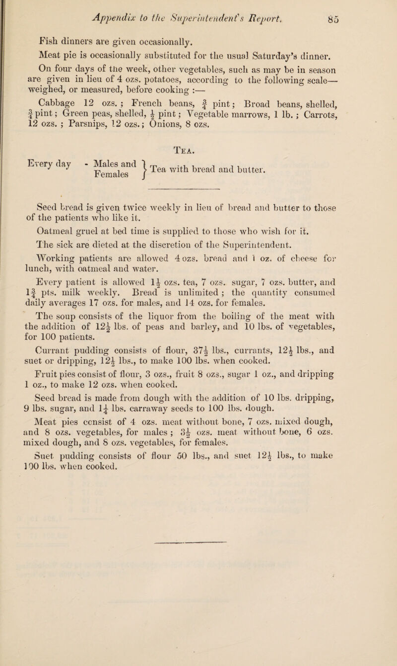 Fish dinners are given occasionally. Meat pie is occasionally substituted for the usual Saturday’s dinner. On four days of tlie week, other vegetables, such as may be in season are given in lieu of 4 ozs. potatoes, according to the following scale— weighed, or measured, before cooking :— Cabbage 12 ozs.; French beans, | pint; Broad beans, shelled, ^pint; Green peas, shelled, i pint; Vegetable marrows, 1 lb.; Carrots, 12 ozs. ; Parsnips, 12 ozs.; Onions, 8 ozs. Every day - Males and Females Tea. | Tea with bread and butter. Seed bread is given twice weekly in lieu of bread and butter to those of the patients who like it. Oatmeal gruel at bed time is supplied to those who wish for it. The sick are dieted at the discretion of the Superintendent. Working patients are allowed 4 ozs. bread and 1 oz, of cheese for lunch, with oatmeal and water. Every patient is allowed 1J ozs. tea, 7 ozs. sugar, 7 ozs. butter, and 1| pts. milk weekly. Bread is unlimited ; the quantity consumed daily averages 17 ozs. for males, and 14 ozs. for females. The soup consists of the liquor from the boiling of the meat with the addition of 12 J lbs. of peas and barley, and 10 lbs. of vegetables, for 100 patients. Currant pudding consists of flour, 37^ lbs., currants, \2\ lbs., and suet or dripping, 12J lbs., to make 100 lbs. when cooked. Fruit pies consist of flour, 3 ozs., fruit 8 ozs., sugar 1 oz., and dripping 1 oz., to make 12 ozs. when cooked. Seed bread is made from dough with the addition of 10 lbs. dripping, 9 lbs. sugar, and 1^ lbs. carraway seeds to 100 lbs. dough. Meat pies consist of 4 ozs. meat without bone, 7 ozs. mixed dough, and 8 ozs. vegetables, for males ; 3^ ozs. meat without bone, 6 ozs. mixed dough, and S ozs. vegetables, for females. Suet pudding consists of flour 50 lbs., and suet 12^ lbs., to make 100 lbs. when cooked.