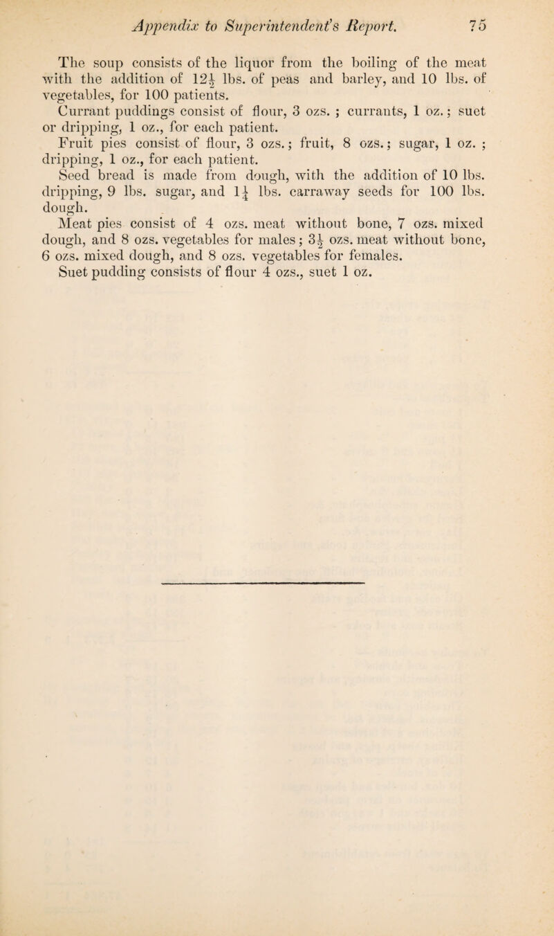 The soup consists of the liquor from the boiling of the meat with the addition of 12^ lbs. of peas and barley, and 10 lbs. of vegetables, for 100 patients. Currant puddings consist of flour, 3 ozs. ; currants, 1 oz.; suet or dripping, 1 oz., for each patient. Fruit pies consist of flour, 3 ozs.; fruit, 8 ozs.; sugar, 1 oz. ; dripping, 1 oz., for each patient. Seed bread is made from dough, with the addition of 10 lbs. dripping, 9 lbs. sugar, and 1^ lbs. carraway seeds for 100 lbs. dough. Meat pies consist of 4 ozs. meat without bone, 7 ozs. mixed dough, and 8 ozs. vegetables for males; 3^ ozs. meat without bone, 6 ozs. mixed dough, and 8 ozs. vegetables for females. Suet pudding consists of flour 4 ozs., suet 1 oz.