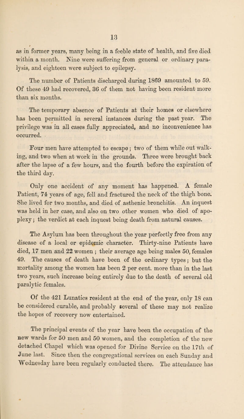 / as in former years, many being in a feeble state of bealtb, and five died within a month. Nine were suffering from general or ordinary para¬ lysis, and eighteen were subject to epilepsy. The number of Patients discharged during 1869 amounted to 59. Of these 49 had recovered, 36 of them not having been resident more than six months. The temporary absence of Patients at their homes or elsewhere has been permitted in several instances during the past year. The privilege was in all cases fully appreciated, and no inconvenience has occurred. Pour men have attempted to escape ; two of them while out walk¬ ing, and two when at work in the grounds. Three were brought back after the lapse of a few hours, and the fourth before the expiration of the third day. Only one accident of any moment has happened. A female Patient, 74 years of age, fell and fractured the neck of the thigh bone. She lived for two months, and died of asthenic bronchitis. An inquest was held in her case, and also on two other women who died of apo¬ plexy j the verdict at each inquest being death from natural causes. The Asylum has been throughout the year perfectly free from any disease of a local or epidemic character. Thirty-nine Patients have died, 17 men and 22 women ; their average age being males 50, females 49. The causes of death have been of the ordinary types; but the mortality among the women has been 2 per cent, more than in the last two years, such increase being entirely due to the death of several old paralytic females. Of the 421 Lunatics resident at the end of the year, only 18 can be considered curable, and probably several of these may not realize the hopes of recovery now entertained. The principal events of the year have been the occupation of the new wards for 50 men and 50 women, and the completion of the new detached Chapel which was opened for Divine Service on the 17th of June last. Since then the congregational services on each Sunday and Wednesday have been regularly conducted there. The attendance has