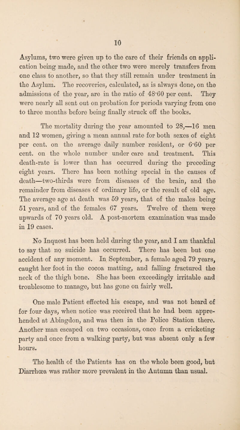 Asylums, two were given up to tlie care of tlieir friends on appli¬ cation being made, and tlie other two were merely transfers from one class to another, so that they still remain under treatment in the Asylum. The recoveries, calculated, as is always done, on the admissions of the year, are in the ratio of 48’60 per cent. They were nearly all sent out on probation for periods varying from one to three months before being finally struck ofi the books. The mortality during the year amounted to 28,—16 men and 12 women, giving a mean annual rate for both sexes of eight per cent, on the average daily number resident, or 6'60 per cent, on the whole number under care and treatment. This death-rate is lower than has occurred during the preceding eight years. There has been nothing special in the causes of death—two-thirds were from diseases of the brain, and the remainder from diseases of ordinary life, or the result of old age. The average age at death was 59 years, that of the males being 51 years, and of the females 67 years. Twelve of them were upwards of 70 years old. A post-mortem examination was made in 19 cases. No Inquest has been held during the year, and I am thankful to say that ng suicide has occurred. There has been but one accident of any moment. In September, a female aged 79 years, caught her foot in the cocoa matting, and falling fractured the neck of the thigh bone. She has been exceedingly irritable and troublesome to manage, but has gone on fairly well. One male Patient effected his escape, and was not heard of for four days, when notice was received that he had been appre¬ hended at Abingdon, and was then in the Police Station there. Another man escaped on two occasions, once from a cricketing party and once from a walking party, but was absent only a few hours. The health of the Patients has on the whole been good, but Diarrhoea was rather more prevalent in the Autumn than usual.