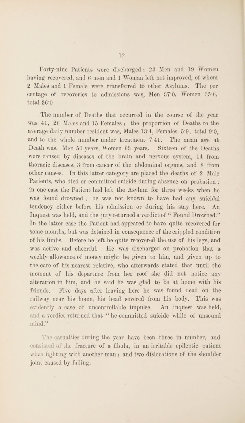Fort}r-nine Patients were discharged ; 23 Men and 19 Women having recovered, and 6 men and 1 Woman left not improved, of whom 2 Males and 1 Female were transferred to other Asylums. The per centage of recoveries to admissions was, Men 37‘0, Women 35‘6, total 3G'0 The number of Deaths that occurred in the course of the year was 41, 26 Males and 15 Females ; the proportion of Deaths to the average daily number resident was, Males 13’4, Females 5’9, total 9*0, and to the whole number under treatment 7*41. The mean age at Death was, Men 50 years, Women 63 years. Sixteen of the Deaths were caused by diseases of the brain and nervous system, 14 from thoracic diseases, 3 from cancer of the abdominal organs, and 8 from other causes. In this latter category are placed the deaths of 2 Male Patients, who died or committed suicide during absence on probation ; in one case the Patient had left the Asylum for three weeks when he was found drowned ; he was not known to have had any suicidal tendency either before his admission or during his stay here. An Inquest was held, and the jury returned a verdict of “ Found Drowned.” In the latter case the Patient had appeared to have quite recovered for some months, but was detained in consequence of the crippled condition of his limbs. Before he left he quite recovered the use of his legs, and was active and cheerful. He was discharged on probation that a weekly allowance of money might be given to him, and given up to the care of his nearest relative, who afterwards stated that until the moment of his departure from her roof she did not notice any alteration in him, and he said he was glad to be at home with his friends. Five davs after leaving here he was found dead on the railway near his home, his head severed from his body. This was evidently a case of uncontrollable impulse. An inquest was held, and a verdict returned that “ he committed suicide while of unsound mind,” The casualties during the year have been three in number, and consisted of the fracture of a fibula, in an irritable epileptic patient vvhcii fighting with another man; and two dislocations of the shoulder joint caused by falling.