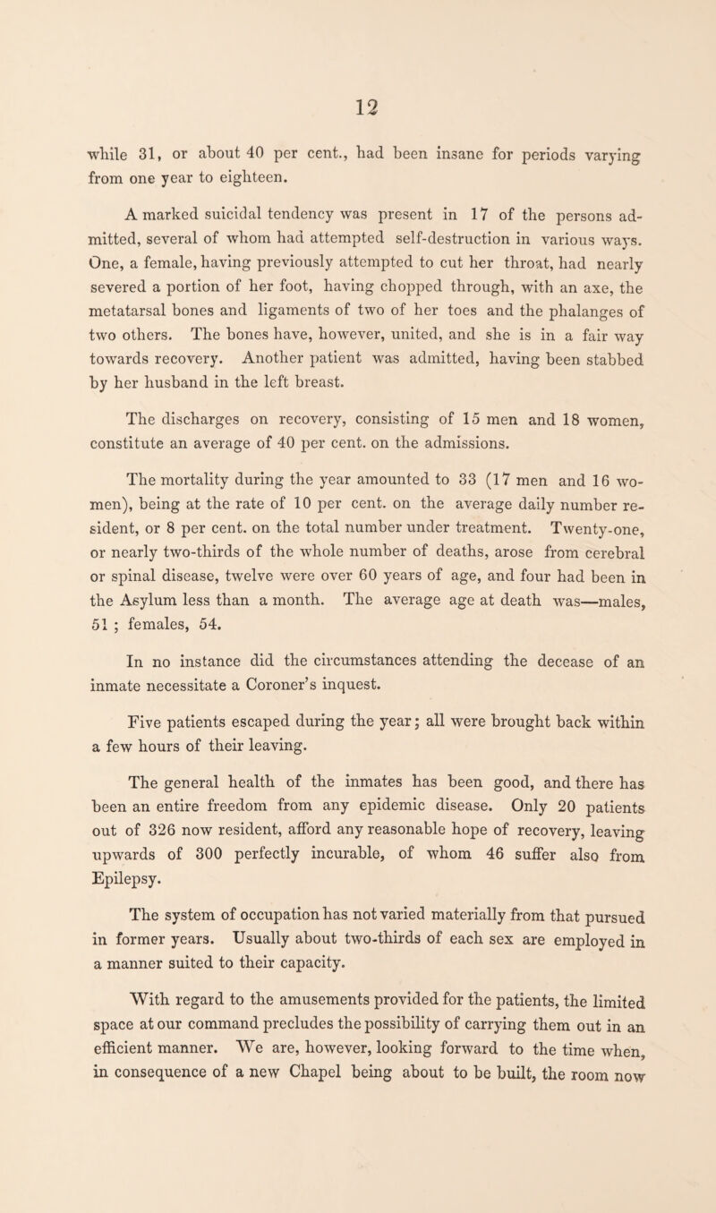 while 31, or about 40 per cent., had been insane for periods varying from one year to eighteen. A marked suicidal tendency was present in 17 of the persons ad¬ mitted, several of whom had attempted self-destruction in various ways. One, a female, having previously attempted to cut her throat, had nearly severed a portion of her foot, having chopped through, with an axe, the metatarsal bones and ligaments of two of her toes and the phalanges of two others. The bones have, however, united, and she is in a fair way towards recovery. Another patient was admitted, having been stabbed by her husband in the left breast. The discharges on recovery, consisting of 15 men and 18 women, constitute an average of 40 per cent, on the admissions. The mortality during the year amounted to 33 (17 men and 16 wo¬ men), being at the rate of 10 per cent, on the average daily number re¬ sident, or 8 per cent, on the total number under treatment. Twenty-one, or nearly two-thirds of the whole number of deaths, arose from cerebral or spinal disease, twelve were over 60 years of age, and four had been in the Asylum less than a month. The average age at death was—males, 51 ; females, 54. In no instance did the circumstances attending the decease of an inmate necessitate a Coroner’s inquest. Five patients escaped during the year; all were brought back within a few hours of their leaving. The general health of the inmates has been good, and there has been an entire freedom from any epidemic disease. Only 20 patients out of 326 now resident, afford any reasonable hope of recovery, leaving upwards of 300 perfectly incurable, of whom 46 suffer also from Epilepsy. The system of occupation has not varied materially from that pursued in former years. Usually about two-thirds of each sex are employed in a manner suited to their capacity. With regard to the amusements provided for the patients, the limited space at our command precludes the possibility of carrying them out in an efficient manner. We are, however, looking forward to the time when, in consequence of a new Chapel being about to be built, the room now