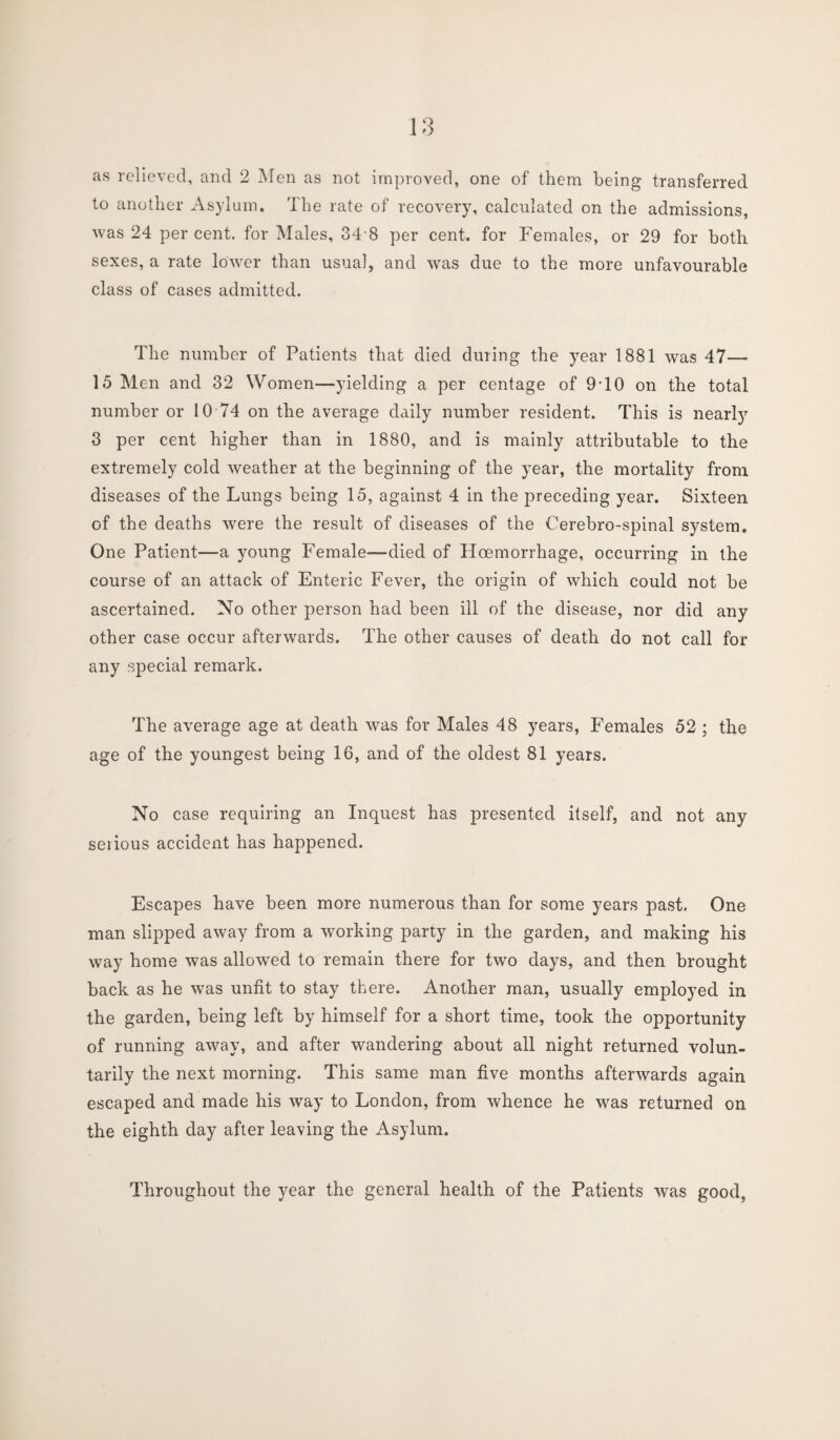 to another Asylum. The rate of recovery, calculated on the admissions, was 24 per cent, for Males, 34-8 per cent, for Females, or 29 for both sexes, a rate lower than usual, and was due to the more unfavourable class of cases admitted. The number of Patients that died during the year 1881 was 47— 15 Men and 32 Women—yielding a per centage of 9T0 on the total number or 10 74 on the average daily number resident. This is nearly 3 per cent higher than in 1880, and is mainly attributable to the extremely cold weather at the beginning of the year, the mortality from diseases of the Lungs being 15, against 4 in the preceding year. Sixteen of the deaths were the result of diseases of the Cerebro-spinal system. One Patient—a young Female—died of Hoemorrhage, occurring in the course of an attack of Enteric Fever, the origin of which could not be ascertained. No other person had been ill of the disease, nor did any other case occur afterwards. The other causes of death do not call for any special remark. The average age at death was for Males 48 years, Females 52 ; the age of the youngest being 16, and of the oldest 81 years. No case requiring an Inquest has presented itself, and not any serious accident has happened. Escapes have been more numerous than for some years past. One man slipped away from a working party in the garden, and making his way home was allowed to remain there for two days, and then brought back as he was unfit to stay there. Another man, usually employed in the garden, being left by himself for a short time, took the opportunity of running away, and after wandering about all night returned volun¬ tarily the next morning. This same man five months afterwards again escaped and made his way to London, from whence he was returned on the eighth day after leaving the Asylum. Throughout the year the general health of the Patients was good,