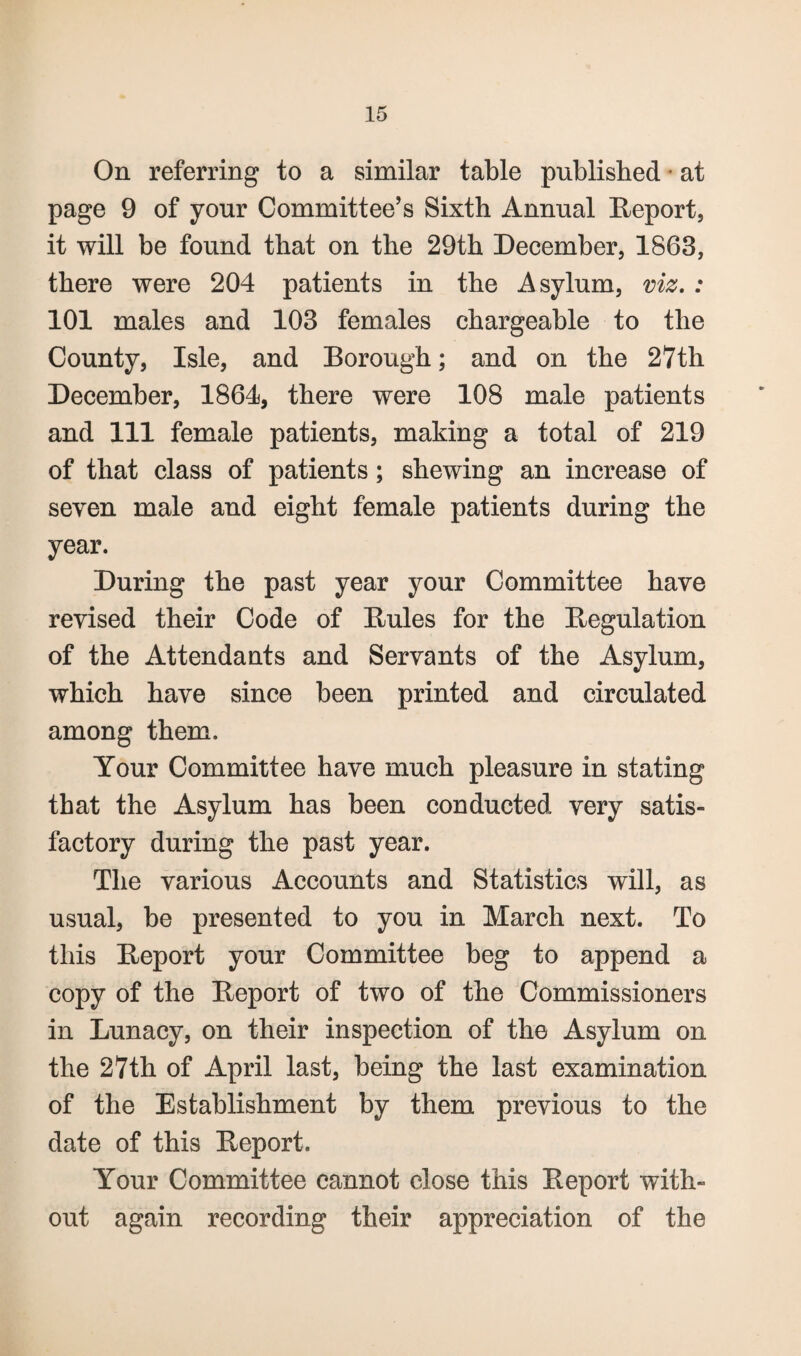 On referring to a similar table published • at page 9 of your Committee’s Sixth Annual Report, it will be found that on the 29th December, 1863, there were 204 patients in the Asylum, viz, : 101 males and 103 females chargeable to the County, Isle, and Borough; and on the 27th December, 1861, there were 108 male patients and 111 female patients, making a total of 219 of that class of patients; shewing an increase of seven male and eight female patients during the year. During the past year your Committee have revised their Code of Rules for the Regulation of the Attendants and Servants of the Asylum, which have since been printed and circulated among them. Your Committee have much pleasure in stating that the Asylum has been conducted very satis¬ factory during the past year. The various Accounts and Statistics will, as usual, be presented to you in March next. To this Report your Committee beg to append a copy of the Report of two of the Commissioners in Lunacy, on their inspection of the Asylum on the 27th of April last, being the last examination of the Establishment by them previous to the date of this Report. Your Committee cannot close this Report with¬ out again recording their appreciation of the