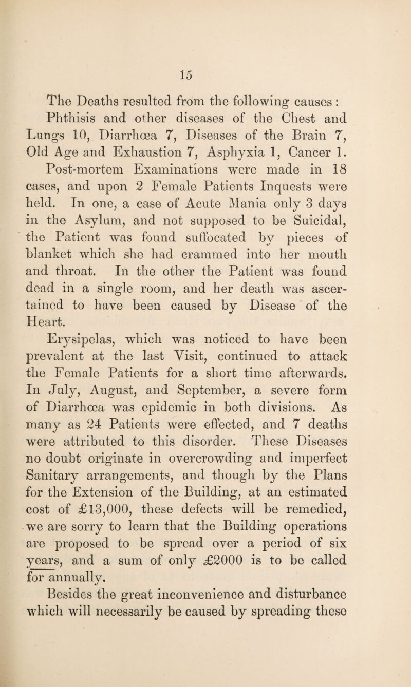 The Deaths resulted from the following causes: Phthisis and other diseases of the Chest and Lungs 10, Diarrhoea 7, Diseases of the Brain 7, Old Age and Exhaustion 7, Asphyxia 1, Cancer 1. Post-mortem Examinations were made in 18 cases, and upon 2 Female Patients Inquests were held. In one, a case of Acute Mania only 3 days in the Asylum, and not supposed to be Suicidal, the Patient was found suffocated by pieces of blanket which she had crammed into her mouth and throat. In the other the Patient was found dead in a single room, and her death was ascer¬ tained to have been caused by Disease of the Heart. Erysipelas, which was noticed to have been prevalent at the last Visit, continued to attack the Female Patients for a short time afterwards. In July, August, and September, a severe form of Diarrhoea was epidemic in both divisions. As many as 24 Patients were effected, and 7 deaths were attributed to this disorder. These Diseases no doubt originate in overcrowding and imperfect Sanitary arrangements, and though by the Plans for the Extension of the Building, at an estimated cost of £ 13,000, these defects will be remedied, we are sorry to learn that the Building operations are proposed to be spread over a period of six years, and a sum of only £2000 is to be called for annually. Besides the great inconvenience and disturbance which will necessarily be caused by spreading these
