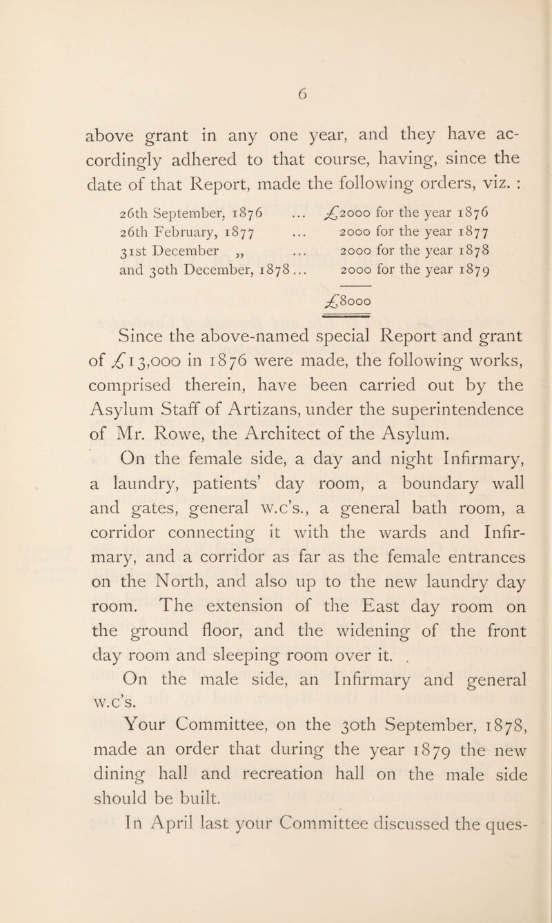 above grant in any one year, and they have ac¬ cordingly adhered to that course, having, since the date of that Report, made the following orders, viz. : 26th September, 1876 ... £2000 for the year 1876 26th February, 1877 ... 2000 for the year 1877 31st December „ ... 2000 for the year 1878 and 30th December, 1878... 2000 for the year 1879 ^8000 Since the above-named special Report and grant of ,£13,000 in 1876 were made, the following works, comprised therein, have been carried out by the Asylum Staff of Artizans, under the superintendence of Mr. Rowe, the Architect of the Asylum. On the female side, a day and night Infirmary, a laundry, patients’ day room, a boundary wall and gates, general w.c’s., a general bath room, a corridor connecting it with the wards and Infir¬ mary, and a corridor as far as the female entrances on the North, and also up to the new laundry day room. The extension of the East day room on the ground floor, and the widening of the front day room and sleeping room over it. On the male side, an Infirmary and general w.c’s. Your Committee, on the 30th September, 1878, made an order that during the year 1879 the new dining hall and recreation hall on the male side should be built. In April last your Committee discussed the ques-