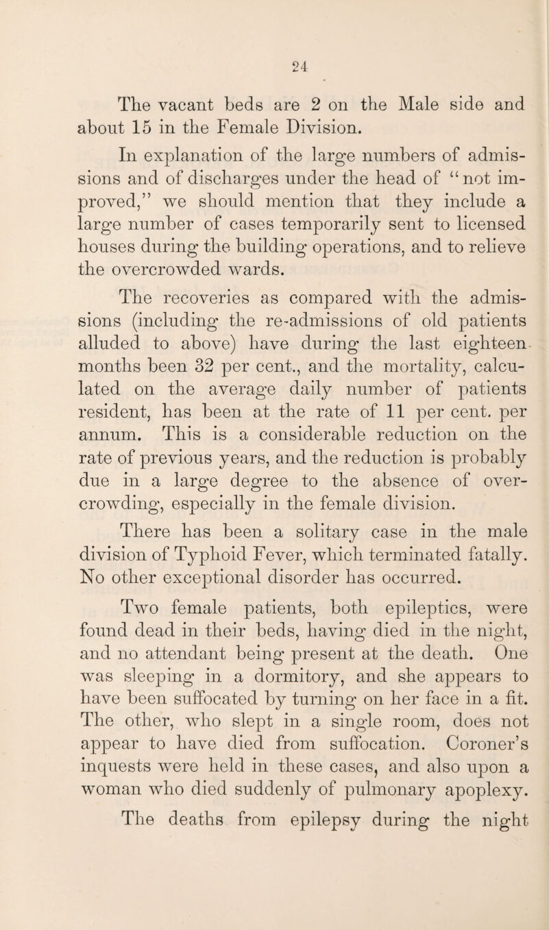 The vacant beds are 2 on the Male side and about 15 in the Female Division. In explanation of the large numbers of admis¬ sions and of discharges under the head of “not im¬ proved,” we should mention that they include a large number of cases temporarily sent to licensed houses during the building operations, and to relieve the overcrowded wards. The recoveries as compared with the admis¬ sions (including the re-admissions of old patients alluded to above) have during the last eighteen months been 32 per cent., and the mortality, calcu¬ lated on the average daily number of patients resident, has been at the rate of 11 per cent, per annum. This is a considerable reduction on the rate of previous years, and the reduction is probably due in a large degree to the absence of over¬ crowding, especially in the female division. There has been a solitary case in the male division of Typhoid Fever, which terminated fatally. No other exceptional disorder has occurred. Two female patients, both epileptics, were found dead in their beds, having died in the night, and no attendant being present at the death. One was sleeping in a dormitory, and she appears to have been suffocated by turning on her face in a fit. The other, who slept in a single room, does not appear to have died from suffocation. Coroner’s inquests were held in these cases, and also upon a woman who died suddenly of pulmonary apoplexy. The deaths from epilepsy during the night