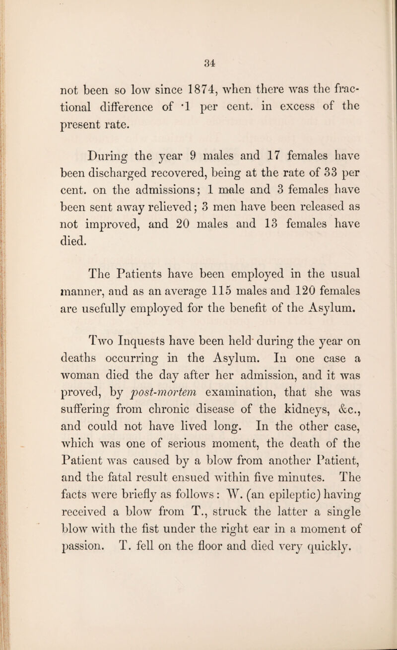 not been so low since 1874, when there was the frac¬ tional difference of *1 per cent, in excess of the present rate. During the year 9 males and 17 females have been discharged recovered, being at the rate of 33 per cent, on the admissions; 1 male and 3 females have been sent away relieved; 3 men have been released as not improved, and 20 males and 13 females have died. The Patients have been employed in the usual manner, and as an average 115 males and 120 females are usefully employed for the benefit of the Asylum. Two Inquests have been held’ during the year on deaths occurring in the Asylum. In one case a woman died the day after her admission, and it was proved, by post-mortem examination, that she was suffering from chronic disease of the kidneys, &c., and could not have lived long. In the other case, which was one of serious moment, the death of the Patient was caused by a blow from another Patient, and the fatal result ensued within five minutes. The facts were briefly as follows : W. (an epileptic) having received a blow from T., struck the latter a single blow with the fist under the right ear in a moment of passion. T. fell on the floor and died very quickly.