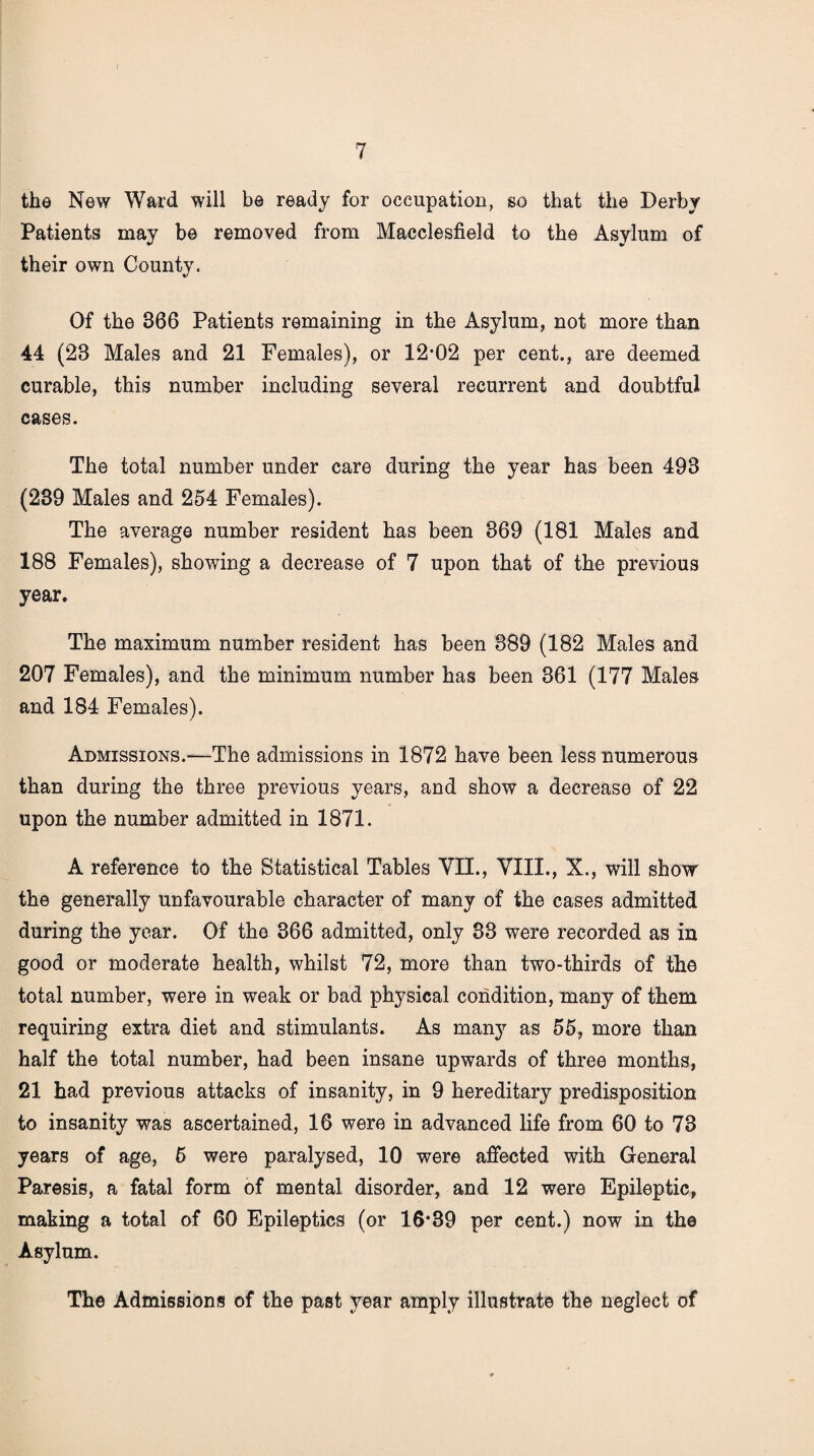 the New Ward will be ready for occupation, so that the Derby Patients may be removed from Macclesfield to the Asylum of their own County. Of the 366 Patients remaining in the Asylum, not more than 44 (23 Males and 21 Females), or 12-02 per cent., are deemed curable, this number including several recurrent and doubtful cases. The total number under care during the year has been 493 (239 Males and 254 Females). The average number resident has been 369 (181 Males and 188 Females), showing a decrease of 7 upon that of the previous year. The maximum number resident has been 389 (182 Males and 207 Females), and the minimum number has been 361 (177 Males and 184 Females). Admissions.—The admissions in 1872 have been less numerous than during the three previous years, and show a decrease of 22 upon the number admitted in 1871. A reference to the Statistical Tables VII., VIII., X., will show the generally unfavourable character of many of the cases admitted during the year. Of the 366 admitted, only 33 were recorded as in good or moderate health, whilst 72, more than two-thirds of the total number, were in weak or bad physical condition, many of them requiring extra diet and stimulants. As man}' as 55, more than half the total number, had been insane upwards of three months, 21 had previous attacks of insanity, in 9 hereditary predisposition to insanity was ascertained, 16 were in advanced life from 60 to 73 years of age, 6 were paralysed, 10 were affected with General Paresis, a fatal form of mental disorder, and 12 were Epileptic, making a total of 60 Epileptics (or 16*39 per cent.) now in the Asylum. The Admissions of the past year amply illustrate the neglect of