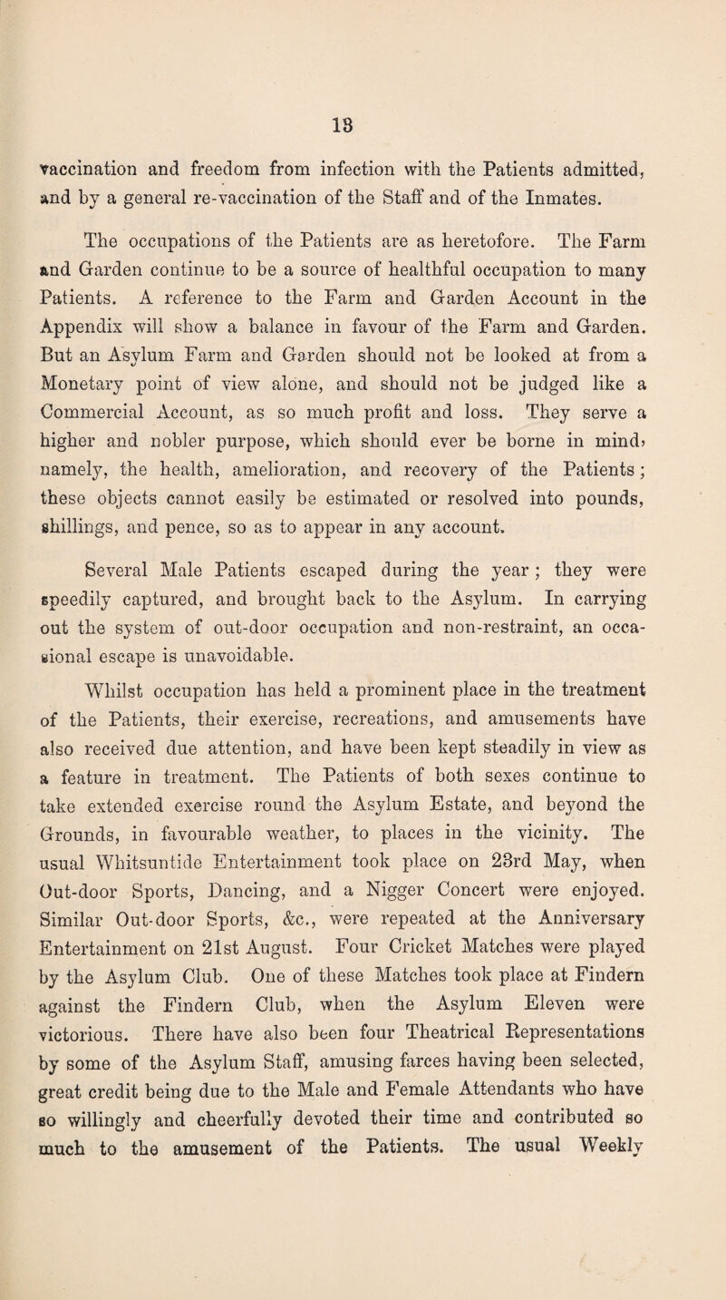 18 vaccination and freedom from infection with the Patients admitted, and by a general re-vaccination of the Staff and of the Inmates. The occupations of the Patients are as heretofore. The Farm and Garden continue to be a source of healthful occupation to many Patients. A reference to the Farm and Garden Account in the Appendix will show a balance in favour of the Farm and Garden. But an Asvlum Farm and Garden should not be looked at from a Monetary point of view alone, and should not be judged like a Commercial Account, as so much profit and loss. They serve a higher and nobler purpose, which should ever be borne in mind? namely, the health, amelioration, and recovery of the Patients; these objects cannot easily be estimated or resolved into pounds, shillings, and pence, so as to appear in any account. Several Male Patients escaped during the year; they were speedily captured, and brought back to the Asylum. In carrying out the system of out-door occupation and non-restraint, an occa¬ sional escape is unavoidable. Whilst occupation has held a prominent place in the treatment of the Patients, their exercise, recreations, and amusements have also received due attention, and have been kept steadily in view as a feature in treatment. The Patients of both sexes continue to take extended exercise round the Asylum Estate, and beyond the Grounds, in favourable weather, to places in the vicinity. The usual Whitsuntide Entertainment took place on 23rd May, when Out-door Sports, Dancing, and a Nigger Concert were enjoyed. Similar Out-door Sports, &c., were repeated at the Anniversary Entertainment on 21st August. Four Cricket Matches were played by the Asylum Club. One of these Matches took place at Findern against the Findern Club, when the Asylum Eleven were victorious. There have also been four Theatrical Representations by some of the Asylum Staff, amusing farces having been selected, great credit being due to the Male and Female Attendants who have so willingly and cheerfully devoted their time and contributed so much to the amusement of the Patients. The usual Weekly