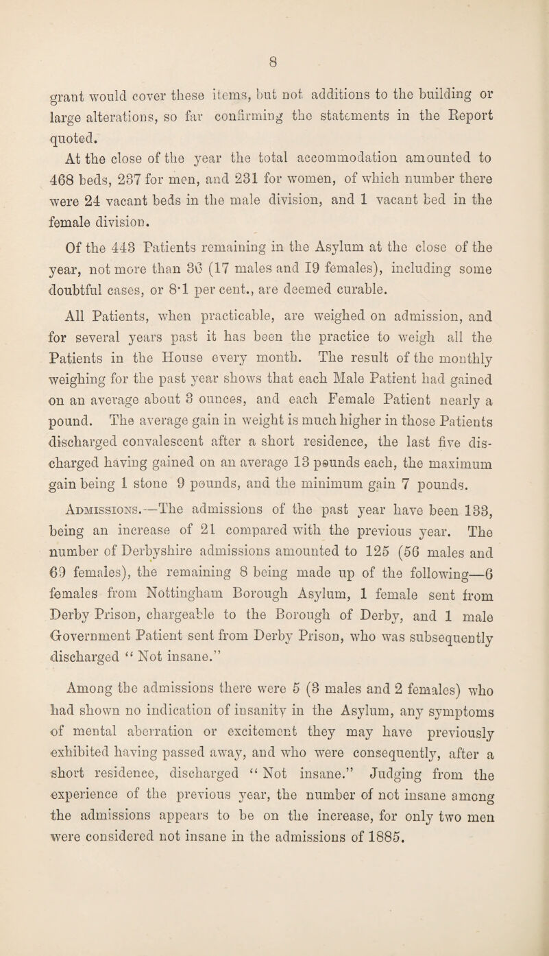 grant would cover these items, but not additions to the building or large alterations, so far confirming the statements in the Report quoted. At the close of the year the total accommodation amounted to 468 beds, 287 for men, and 231 for women, of which number there were 24 vacant beds in the male division, and 1 vacant bed in the female division. Of the 448 Patients remaining in the Asylum at the close of the year, not more than 86 (17 males and 19 females), including some doubtful cases, or 8‘1 percent., are deemed curable. All Patients, when practicable, are weighed on admission, and for several years past it has been the practice to weigh all the Patients in the House every month. The result of the monthly weighing for the past year shows that each Male Patient had gained on an average about 8 ounces, and each Female Patient nearly a pound. The average gain in weight is much higher in those Patients discharged convalescent after a short residence, the last five dis¬ charged having gained on an average 13 pounds each, the maximum gain being 1 stone 9 pounds, and the minimum gain 7 pounds. Admissions.—The admissions of the past year have been 133, being an increase of 21 compared with the previous year. The number of Derbyshire admissions amounted to 125 (56 males and 69 females), the remaining 8 being made up of the following—6 females from Nottingham Borough Asylum, 1 female sent from Derby Prison, chargeable to the Borough of Derby, and 1 male Government Patient sent from Derby Prison, who was subsequently discharged “ Not insane.” Among the admissions there were 5 (3 males and 2 females) who had shown no indication of insanity in the Asylum, any symptoms of mental aberration or excitement they may have previously exhibited having passed away, and who were consequently, after a short residence, discharged “ Not insane.” Judging from the experience of the previous year, the number of not insane among the admissions appears to be on the increase, for only two men were considered not insane in the admissions of 1885.