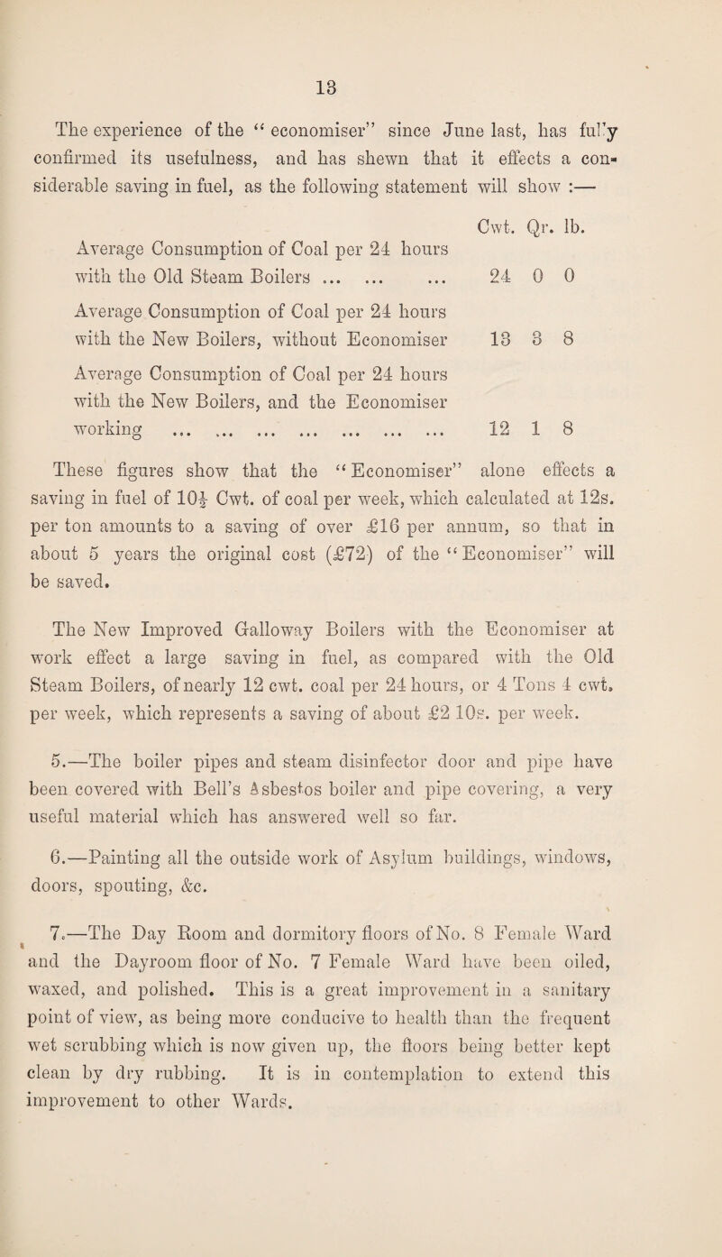 The experience of the “economiser” since June last, has fully confirmed its usefulness, and has shewn that it effects a con¬ siderable saving in fuel, as the following statement will show :— Cwt. Qr. lb. Average Consumption of Coal per 24 hours with the Old Steam Boilers. ... 24 0 0 Average Consumption of Coal per 24 hours with the New Boilers, without Economiser 13 3 8 Average Consumption of Coal per 24 hours with the New Boilers, and the Economiser working . 12 1 8 These figures show that the “Economiser” alone effects a saving in fuel of 10^- Cwt. of coal per week, which calculated at 12s. per ton amounts to a saving of over £16 per annum, so that in about 5 years the original cost (£72) of the “Economiser” will be saved. The New Improved Galloway Boilers with the Economiser at work effect a large saving in fuel, as compared with the Old Steam Boilers, of nearly 12 cwt. coal per 24 hours, or 4 Tons 4 cwt, per week, which represents a saving of about £2 10s. per week. 5. —The boiler pipes and steam disinfector door and pipe have been covered with Bell’s Asbestos boiler and pipe covering, a very useful material which has answered well so far. 6. —Painting all the outside work of Asylum buildings, windows, doors, spouting, &c. 7»—The Day Room and dormitory floors of No. 8 Female Ward and the Dayroom floor of No. 7 Female Ward have been oiled, waxed, and polished. This is a great improvement in a sanitary point of view, as being more conducive to health than the frequent wet scrubbing which is now given up, the floors being better kept clean by dry rubbing. It is in contemplation to extend this improvement to other Wards.
