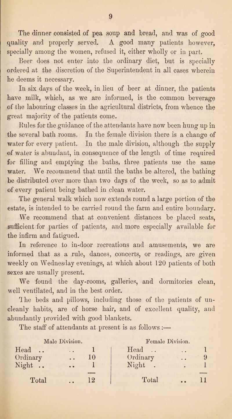 The dinner consisted of pea soup and bread, and was of good quality and properly served. A good many patients however, specially among the women, refused it, either wholly or in part. Beer does not enter into the ordinary diet, but is specially ordered at the discretion of the Superintendent in all cases wherein he deems it necessary. In six days of the week, in lieu of beer at dinner, the patients have milk, which, as we are informed, is the common beverage of the labouring classes in the agricultural districts, from whence the great majority of the patients come. Rules for the guidance of the attendants have now been hung up in the several bath rooms. In the female division there is a change of water for every patient. In the male division, although the supply of water is abundant, in consequence of the length of time required for filling and emptying the baths, three patients use the same water. We recommend that until the baths be altered, the bathing be distributed over more than two days of the week, so as to admit of every patient being bathed in clean water. The general walk which now extends round a large portion of the estate, is intended to be carried round the farm and entire boundary. We recommend that at convenient distances be placed seats, sufficient for parties of patients, and more especially available for the infirm and fatigued. In reference to in-door recreations and amusements, we are informed that as a rule, dances, concerts, or readings, are given weekly on Wednesday evenings, at which about 120 patients of both sexes are usually present. We found the day-rooms, galleries, and dormitories clean, well ventilated, and in the best order. The beds and pillows, including those of the patients of un¬ cleanly habits, are of horse hair, and of excellent quality, and abundantly provided with good blankets. The staff of attendants at present is as follows :— Male Division. Head .. 1 Female Division. Head 1 Ordinary • • 10 Ordinary • • 9 Night .. • a» 1 Night • 1 Total • « 12 Total • • 11