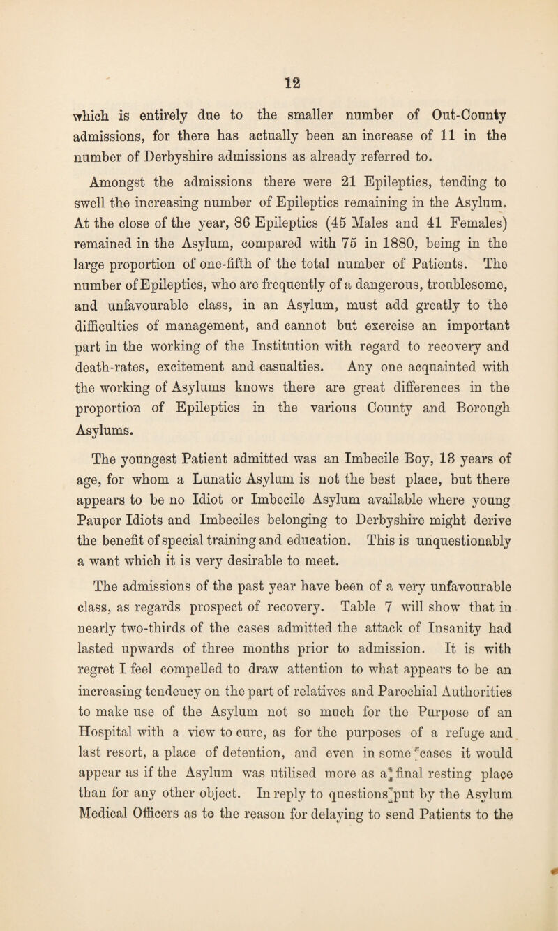 which is entirely due to the smaller number of Out-County admissions, for there has actually been an increase of 11 in the number of Derbyshire admissions as already referred to. Amongst the admissions there were 21 Epileptics, tending to swell the increasing number of Epileptics remaining in the Asylum. At the close of the year, 86 Epileptics (45 Males and 41 Females) remained in the Asylum, compared with 75 in 1880, being in the large proportion of one-fifth of the total number of Patients. The number of Epileptics, who are frequently of a dangerous, troublesome, and unfavourable class, in an Asylum, must add greatly to the difficulties of management, and cannot but exercise an important part in the working of the Institution with regard to recovery and death-rates, excitement and casualties. Any one acquainted with the working of Asylums knows there are great differences in the proportion of Epileptics in the various County and Borough Asylums. The youngest Patient admitted was an Imbecile Boy, 13 years of age, for whom a Lunatic Asylum is not the best place, but there appears to be no Idiot or Imbecile Asylum available where young Pauper Idiots and Imbeciles belonging to Derbyshire might derive the benefit of special training and education. This is unquestionably a want which it is very desirable to meet. The admissions of the past year have been of a very unfavourable class, as regards prospect of recovery. Table 7 will show that in nearly two-thirds of the cases admitted the attack of Insanity had lasted upwards of three months prior to admission. It is with regret I feel compelled to draw attention to what appears to be an increasing tendency on the part of relatives and Parochial Authorities to make use of the Asylum not so much for the Purpose of an Hospital with a view to cure, as for the purposes of a refuge and last resort, a place of detention, and even in some cases it would appear as if the Asylum was utilised more as a] final resting place than for any other object. In reply to questions put by the Asylum Medical Officers as to the reason for delaying to send Patients to the