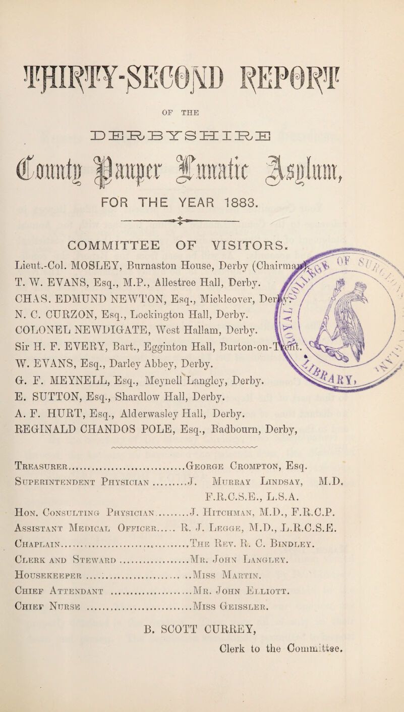 DEBBYSHIPuE FOR THE YEAR 1883. ±. COMMITTEE OF VISITORS. Lieut.-Col. MOSLEY, Bnrnaston House, Derby (Chairm T. W. EYANS, Esq., M.P., Allestree Hall, Derby. CHAS. EDMUND NEWTON, Esq., Micldeover, De N. C. CURZON, Esq., Lockiugton Hall, Derby. COLONEL NEWDXGATE, West Haliam, Derby. Sir H. F. EVERY, Bart., Egginton Hall, Burton-on- W. EYANS, Esq., Darley Abbey, Derby. G-. F. MEYNELL, Esq., Meynell Langley, Derby. E. SUTTON, Esq., Sbardlow Hall, Derby. A. F. HURT, Esq., Alderwasley Hall, Derby. REGINALD CHANDOS POLE, Esq., Radbourn, Derby, Treasurer.George Crompton, Esq. Superintendent Physician..J. Murray Lindsay, M.D. F.R.C.S.E., L.S.A. Hon. Consulting Physician..,..J. Hitchman, M.D., F.R.C.P. Assistant Medical Officer. R. J. Legge, M.D., L.R.C.S.E. Chaplain...The Rev. R. C. Bindley. Clerk and Steward...Mr. John Langley. Housekeeper . Miss Martin. Chief Attendant ....Mr. John Elliott. Chief Nurse . Miss Geissler. B. SCOTT CURREY, Clerk to the Committee.